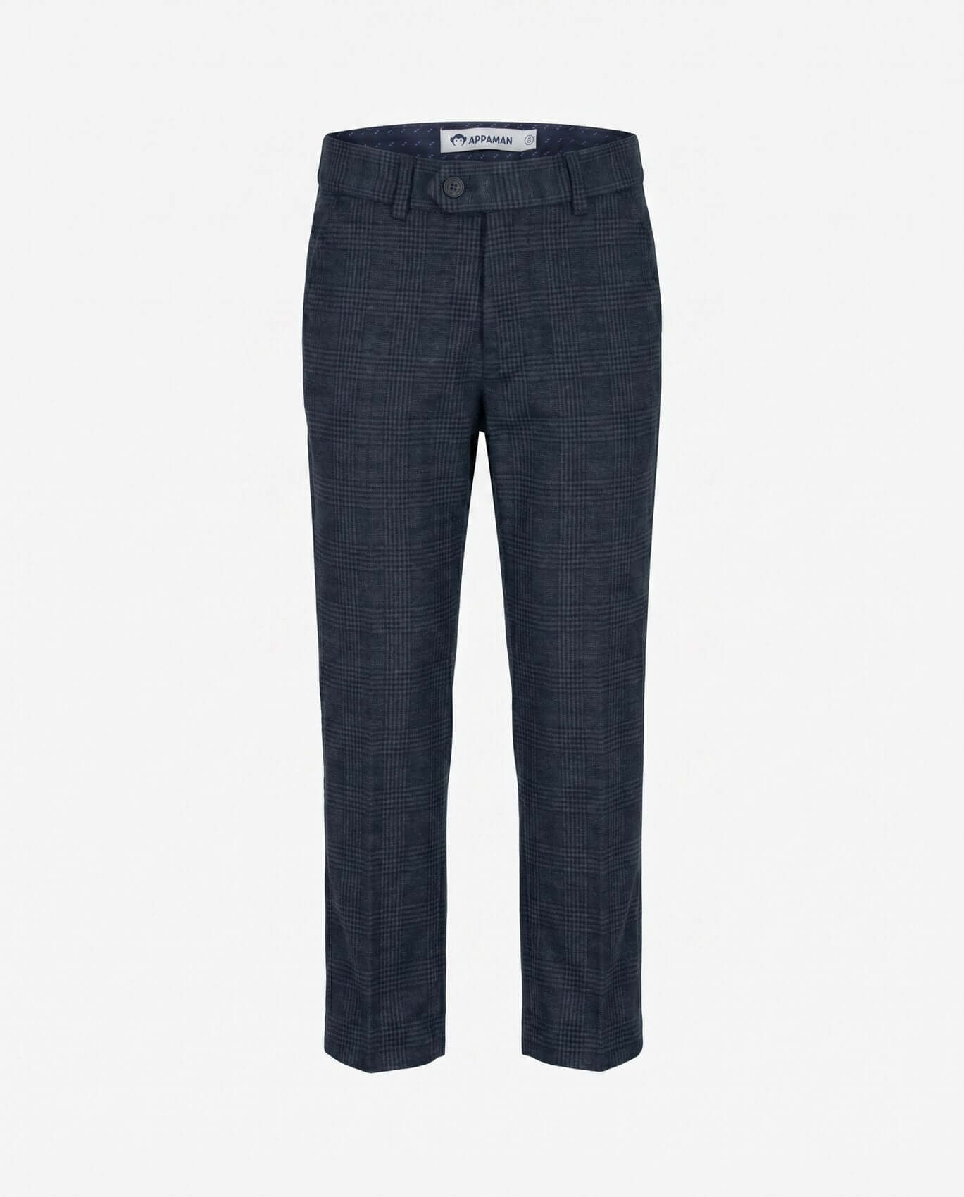 Dark blue checkered pants on a white background