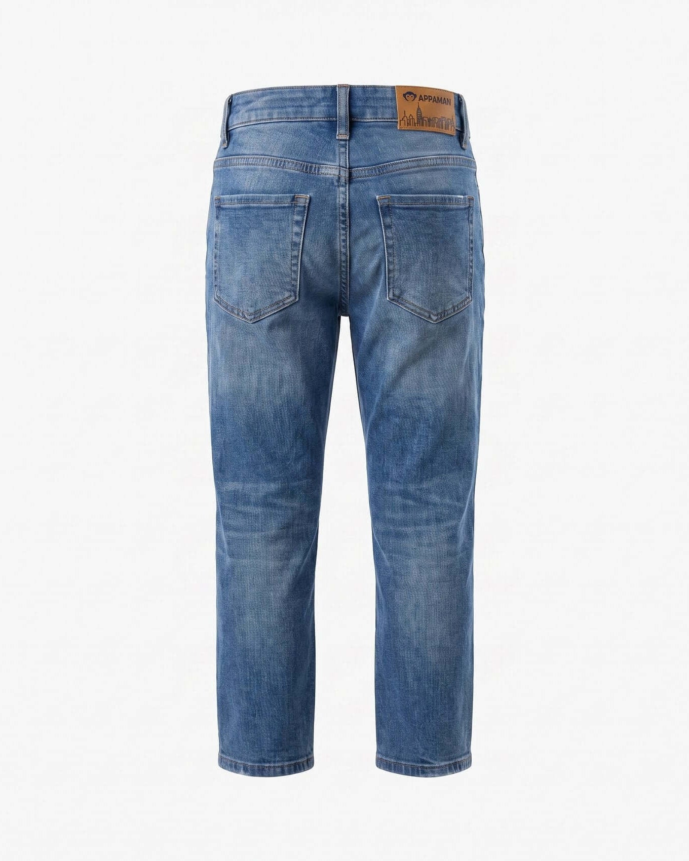 Blue jeans with a brand label on a white background