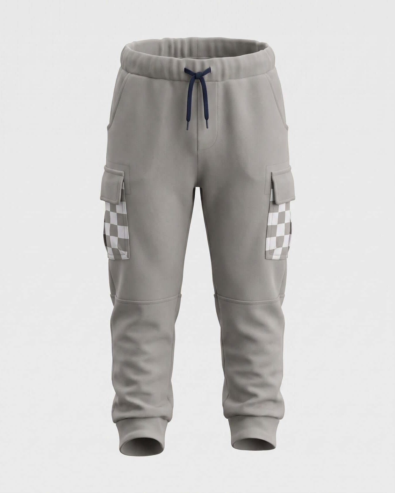 Gray jogger pants with checkered pockets on a white background