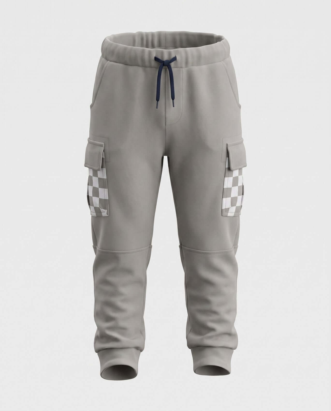 Gray jogger pants with checkered pockets on a white background