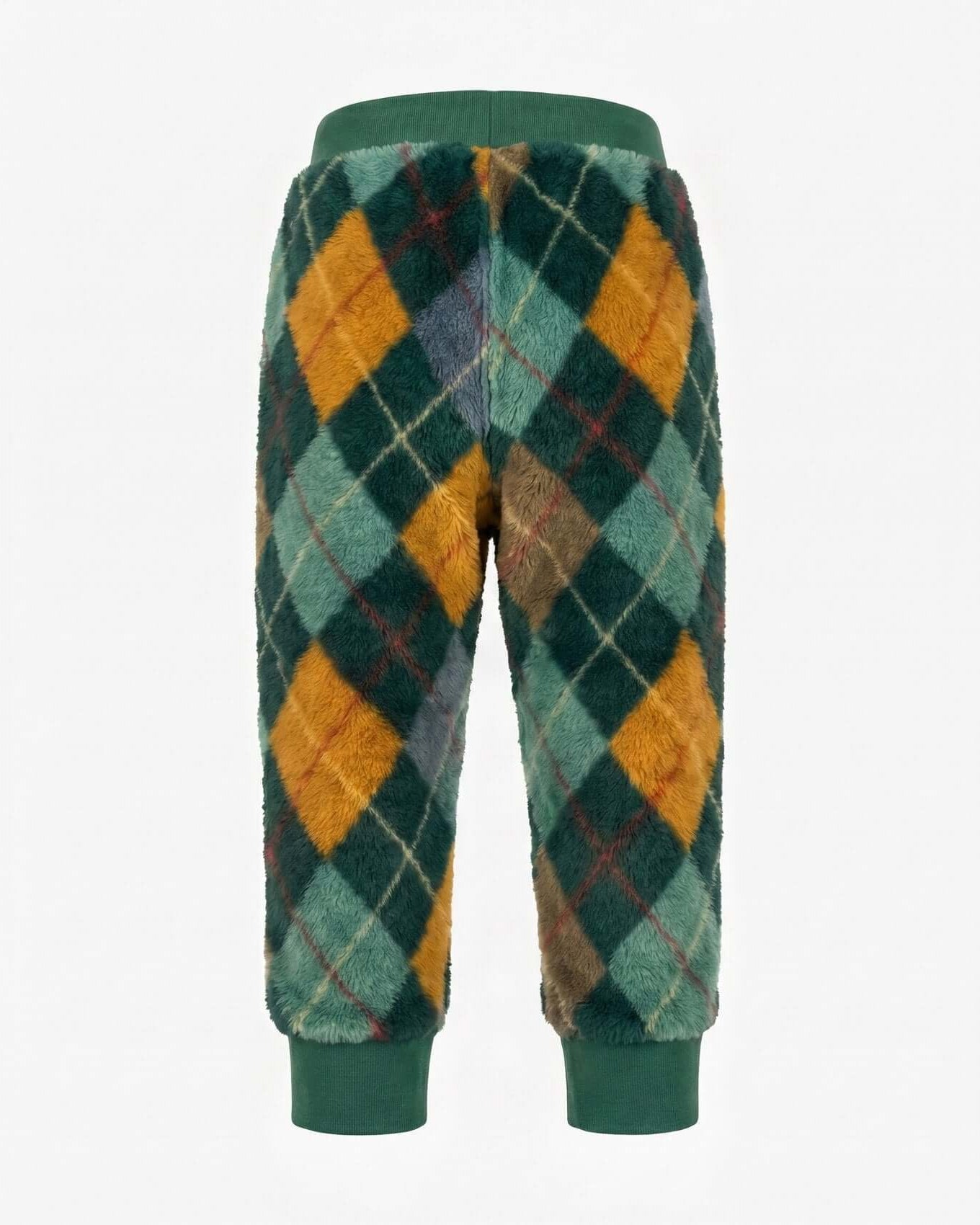 Argyle patterned pants with green trim on a white background