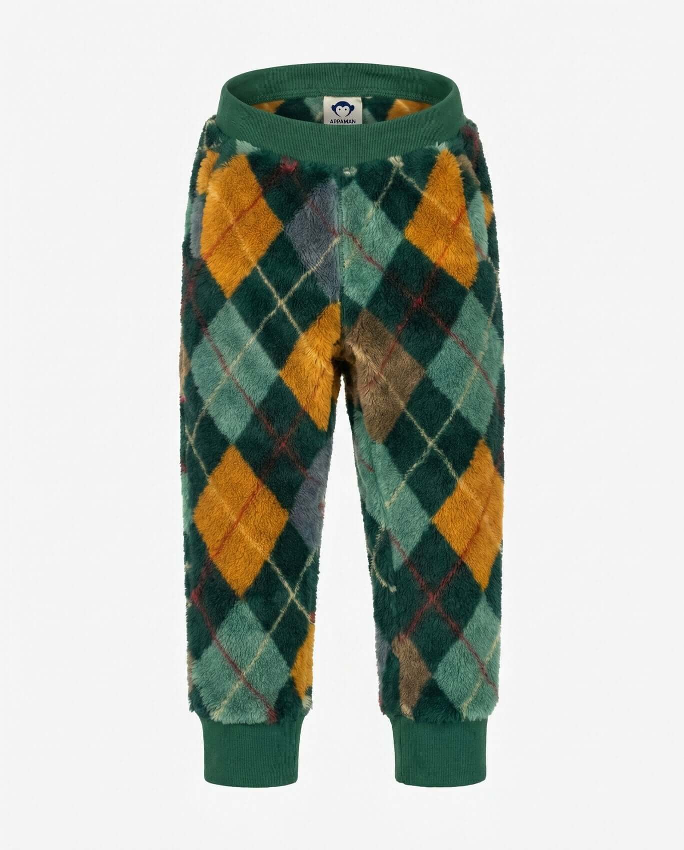 Argyle patterned pants with green trim on a white background