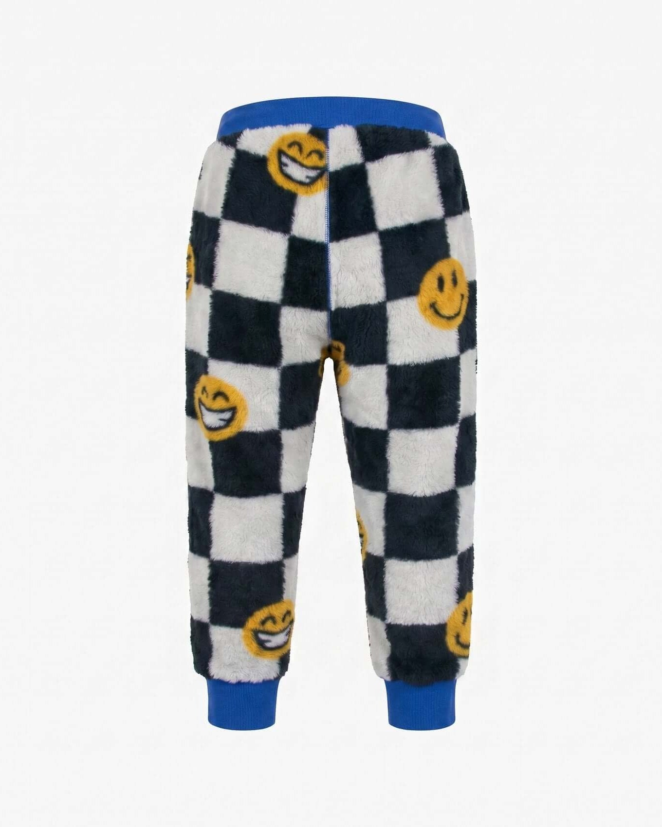 Checkered pants with smiley face pattern on a white background