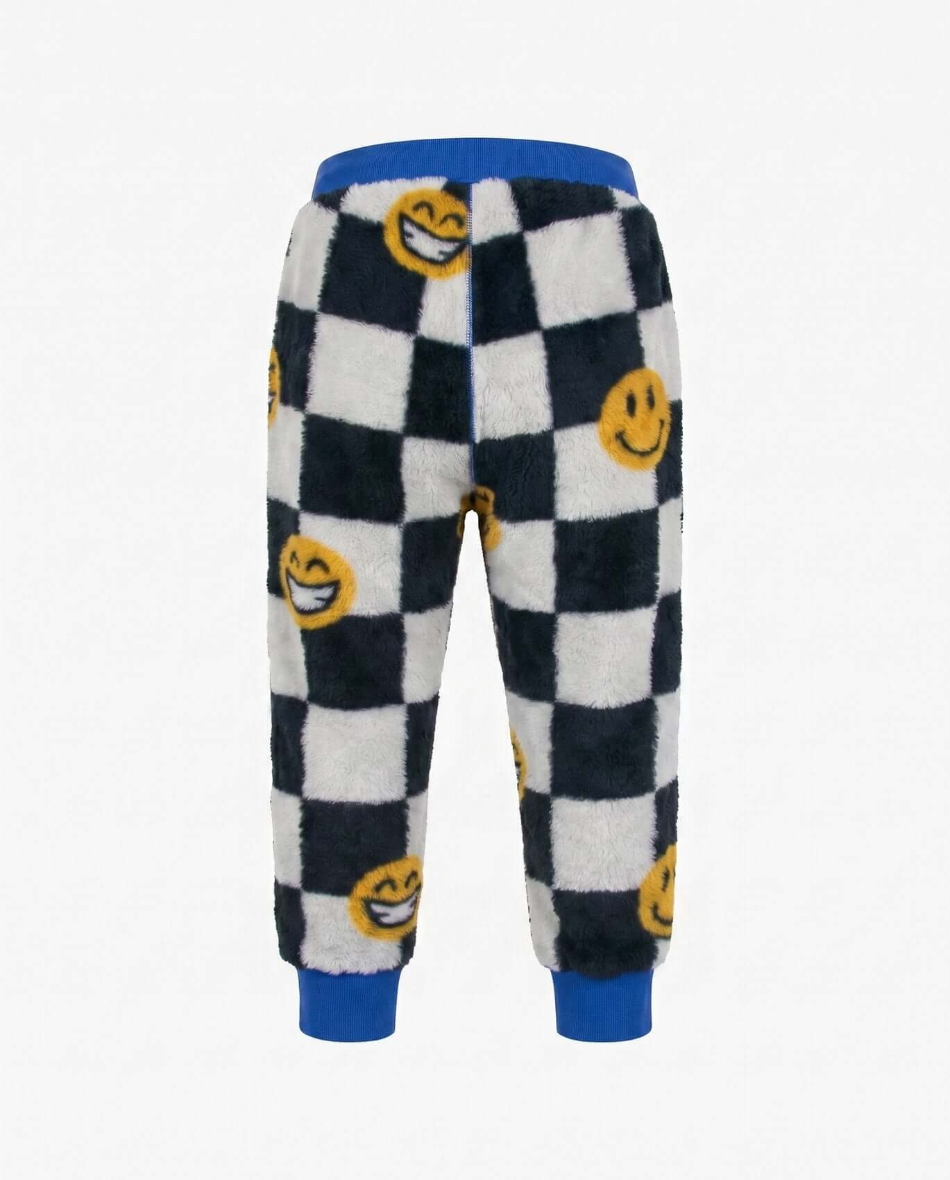 Checkered pants with smiley face pattern on a white background