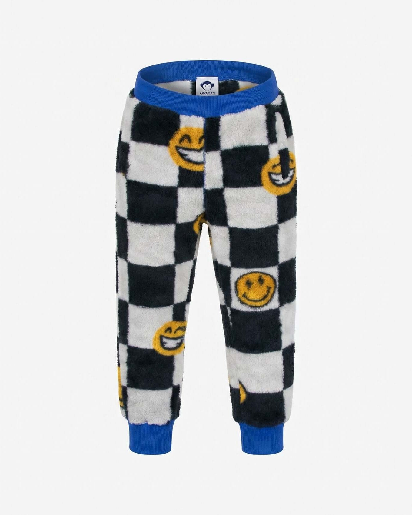 Checkered pajama pants with smiley face pattern on a white background