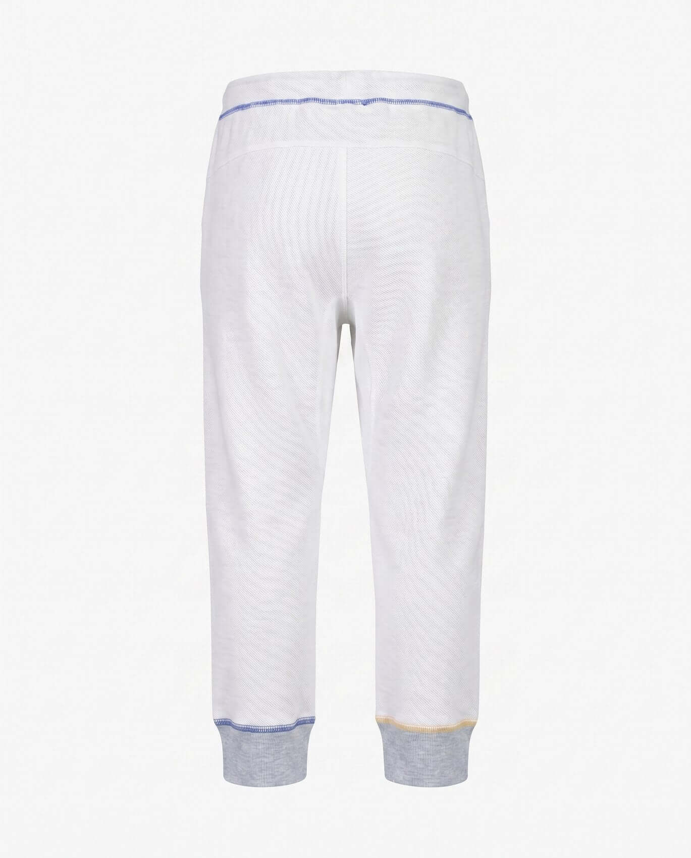 White pants with blue trim on a white background