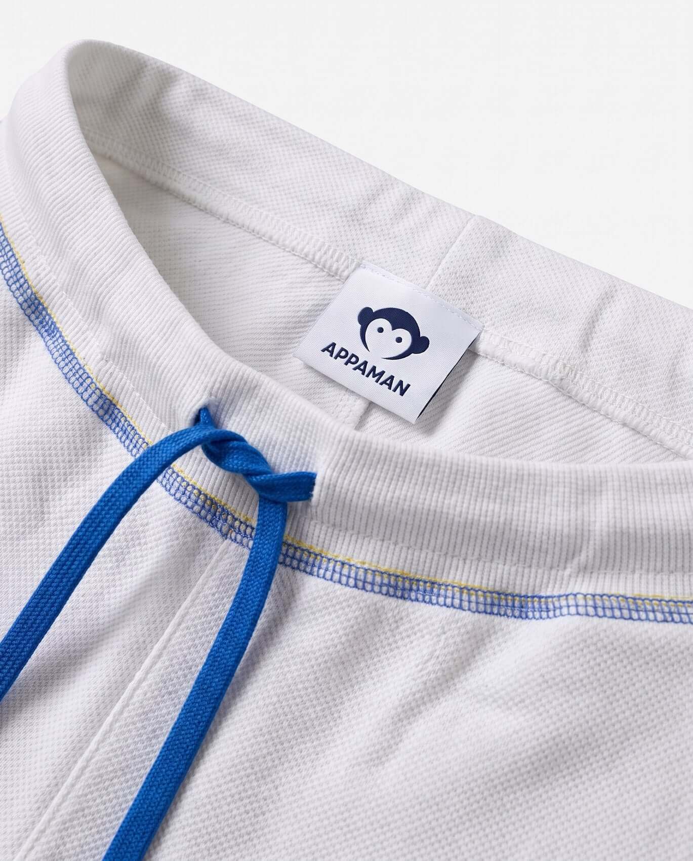 Close-up of a white shirt with blue accents and Appaman label on a white background