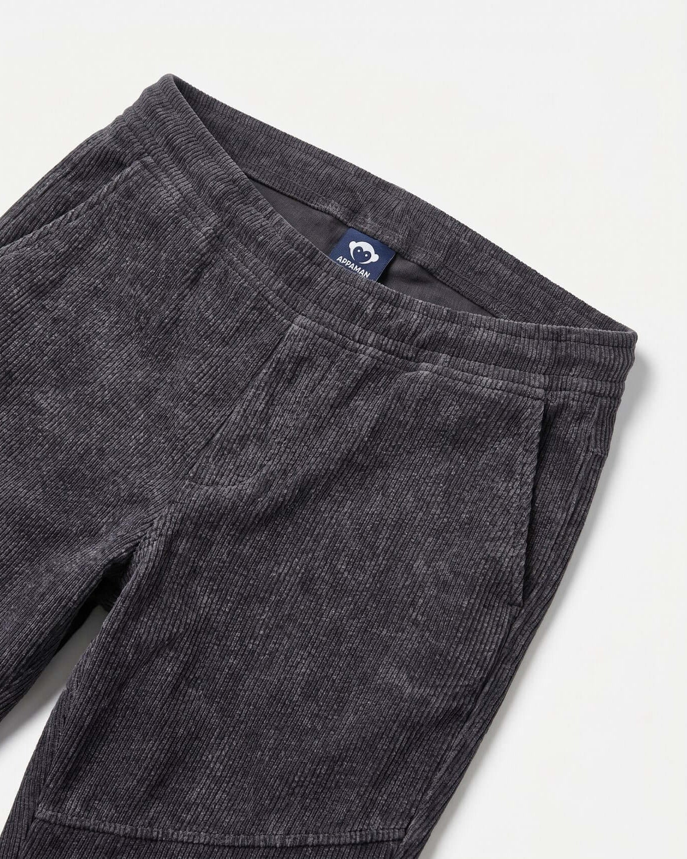 Gray pants with a brand logo on a white background