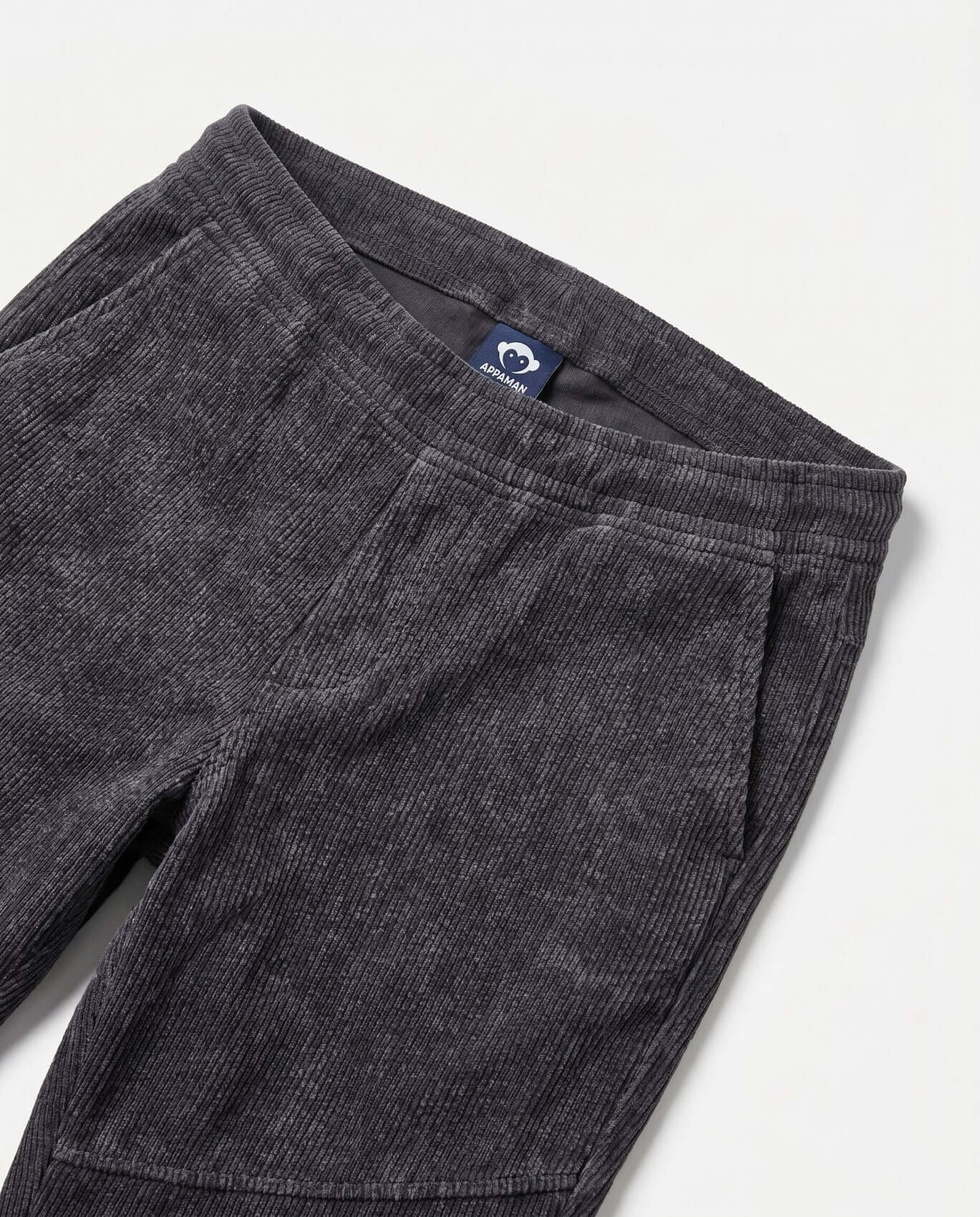Gray pants with a brand logo on a white background