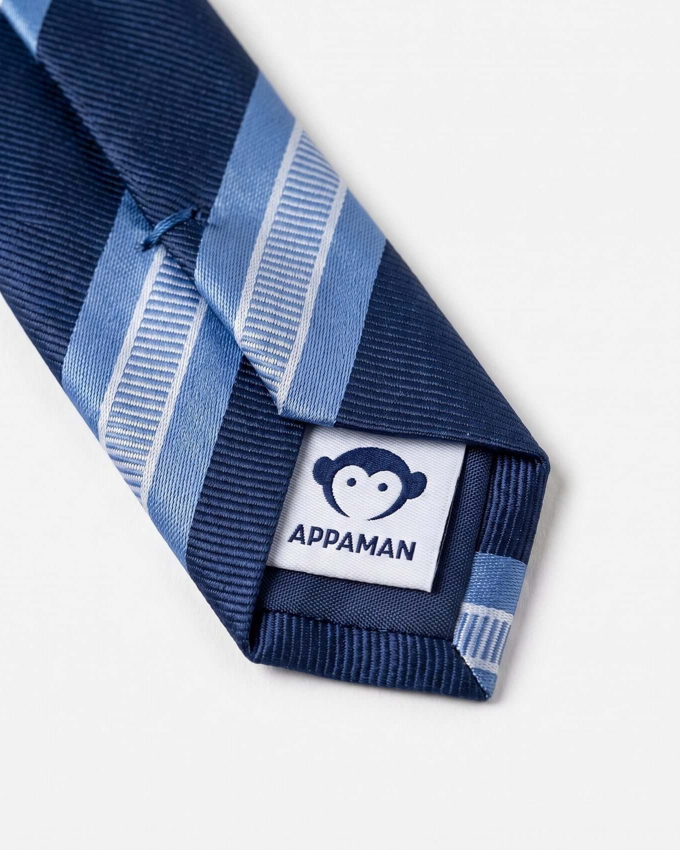 Blue striped tie with Appaman logo on a white background
