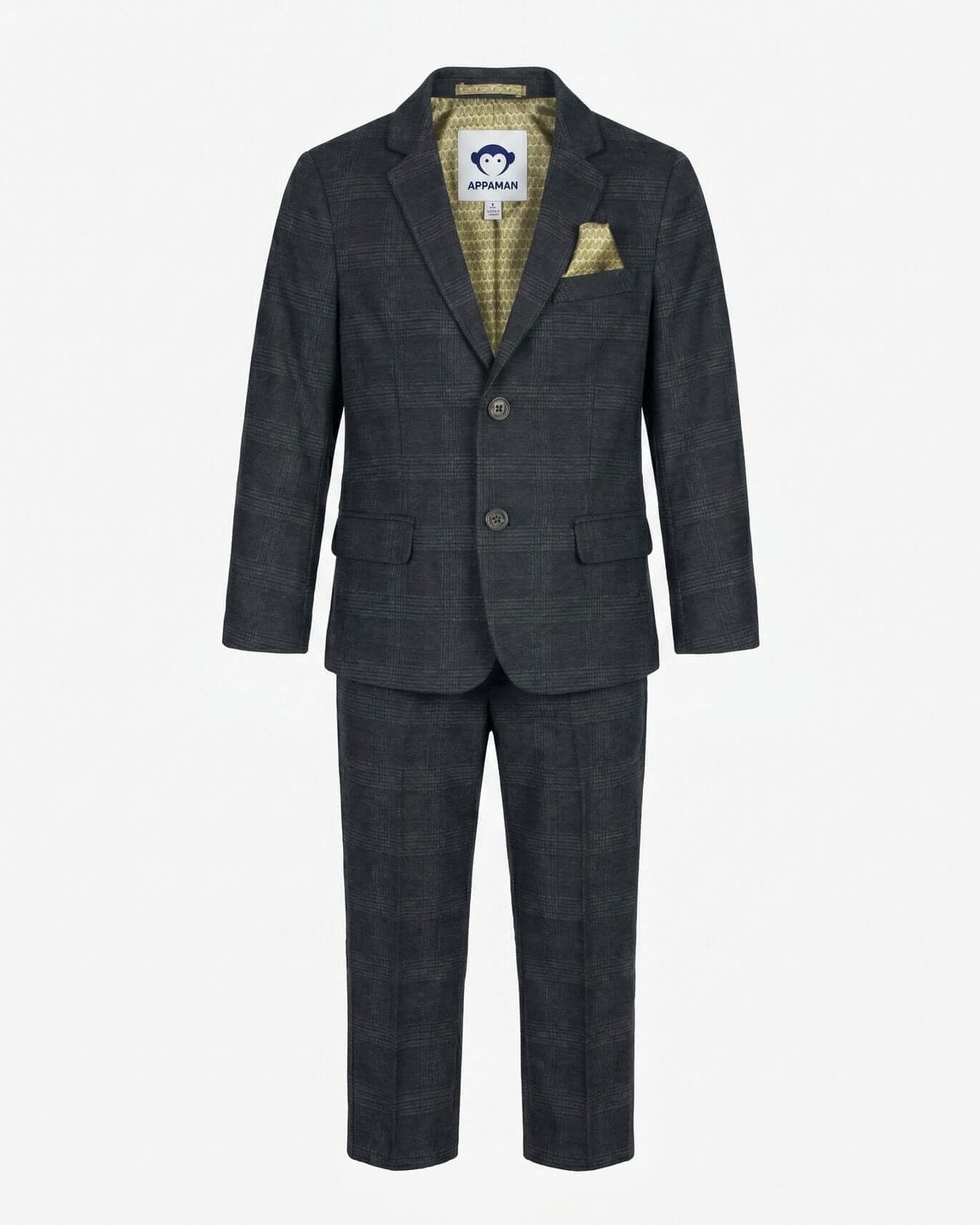 Gray suit with a white label on a light gray background