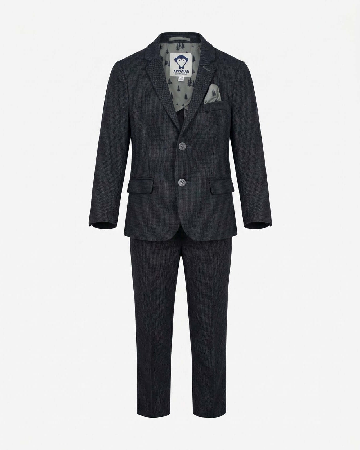 Dark gray suit with patterned shirt on a white background