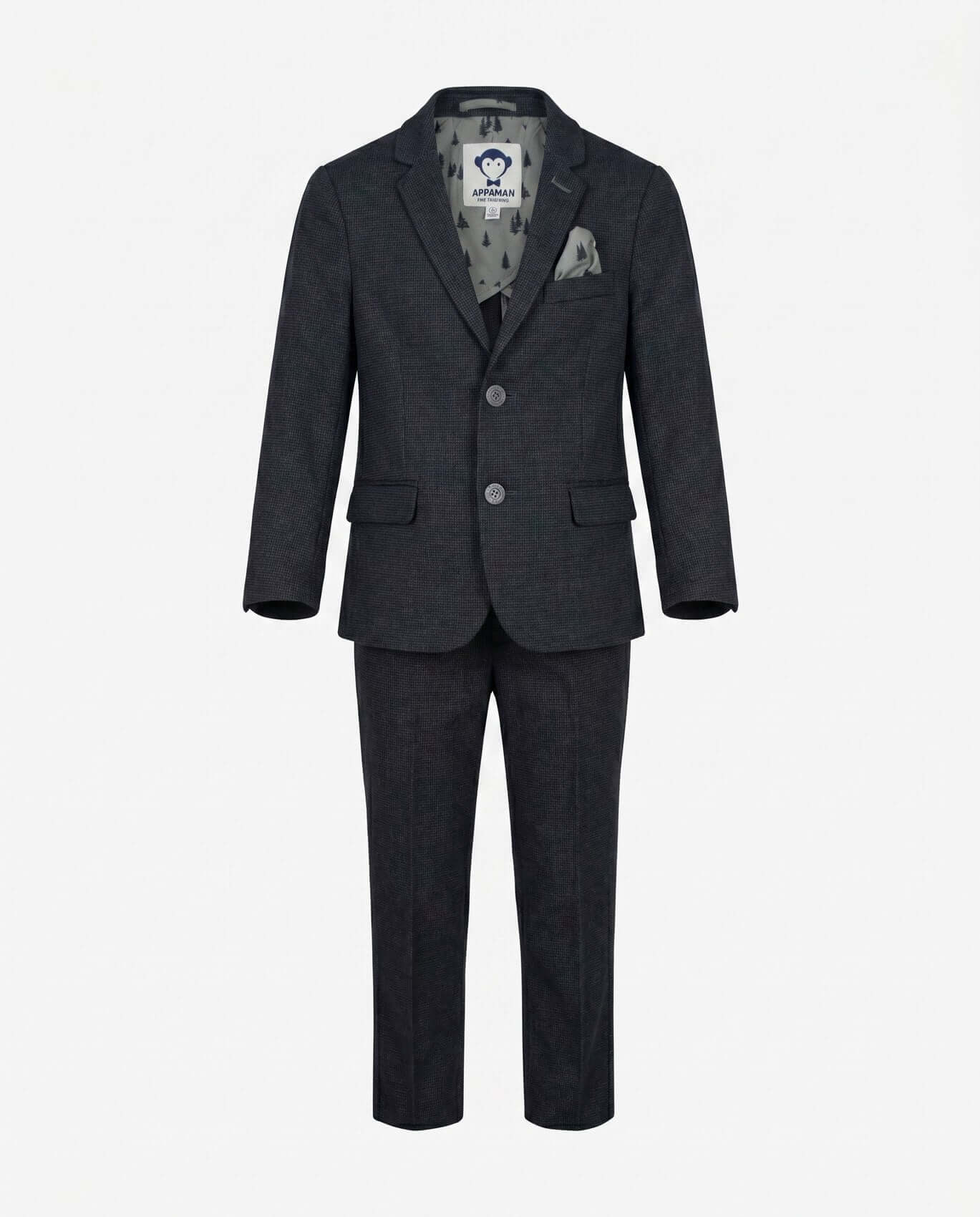 Dark gray suit with patterned shirt on a white background