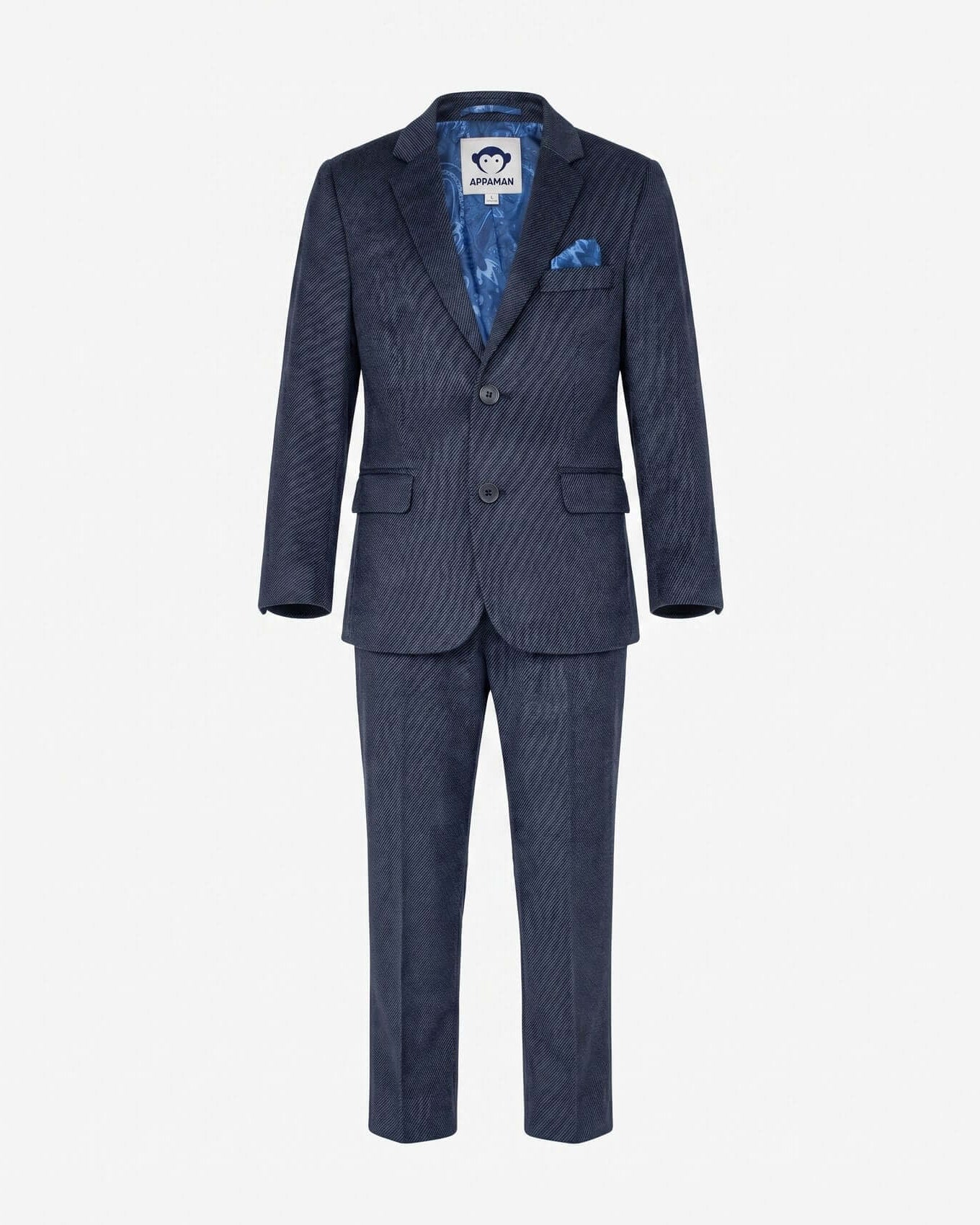 Blue striped suit with matching jacket and pants on a white background