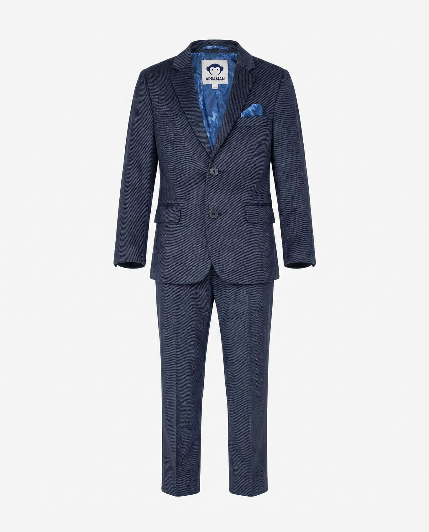 Blue striped suit with matching jacket and pants on a white background