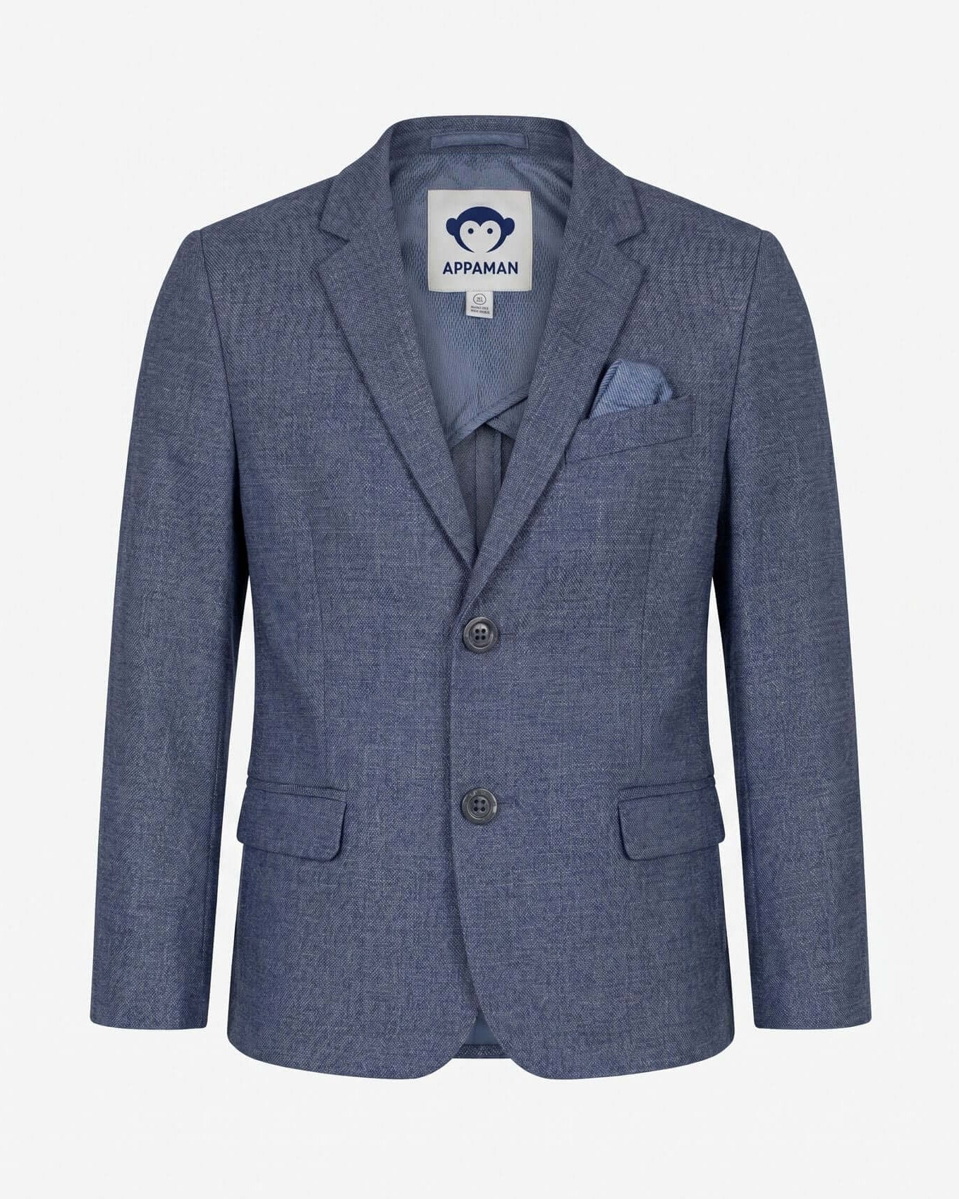 Blue blazer with a visible brand label on a white background