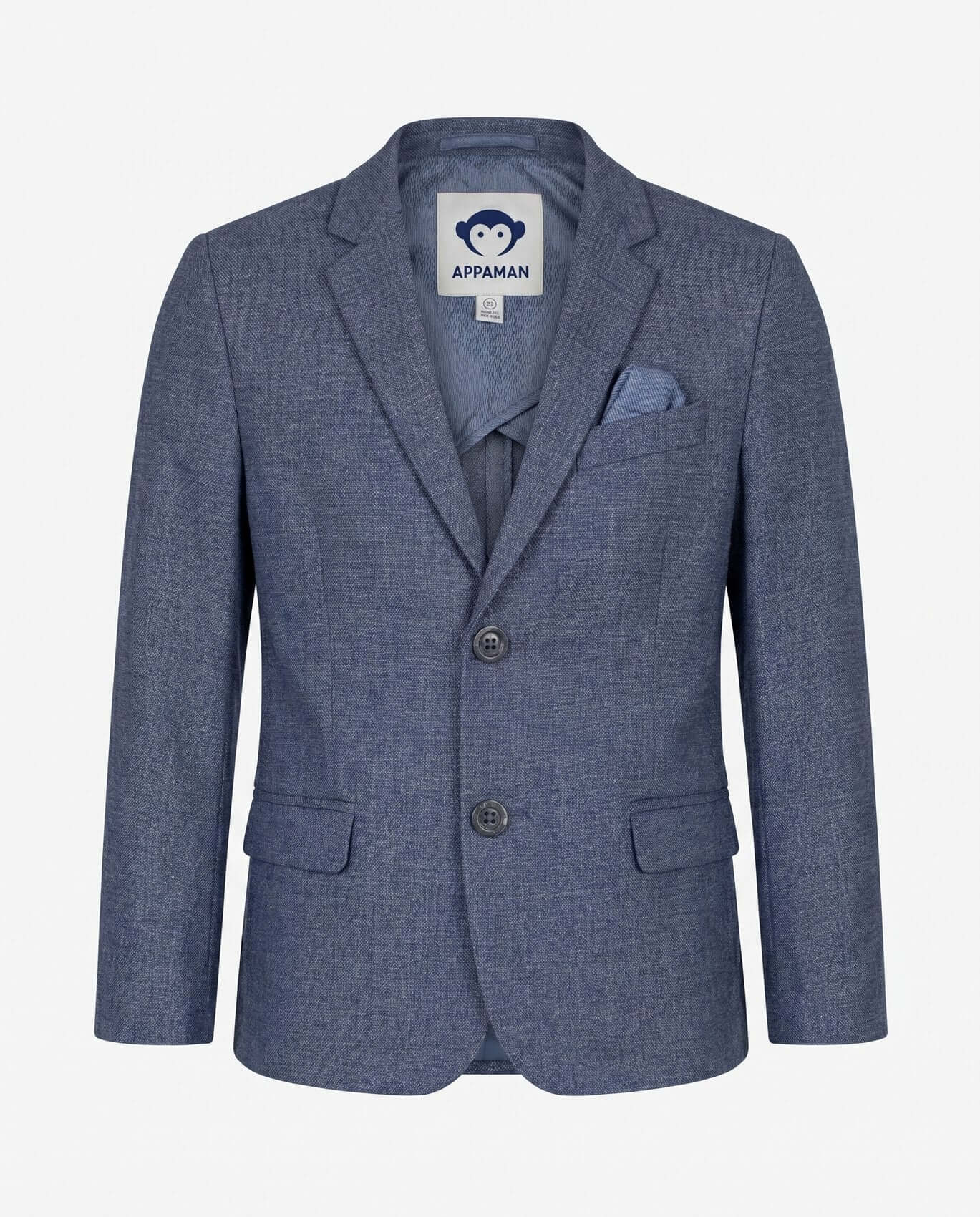 Blue blazer with a visible brand label on a white background
