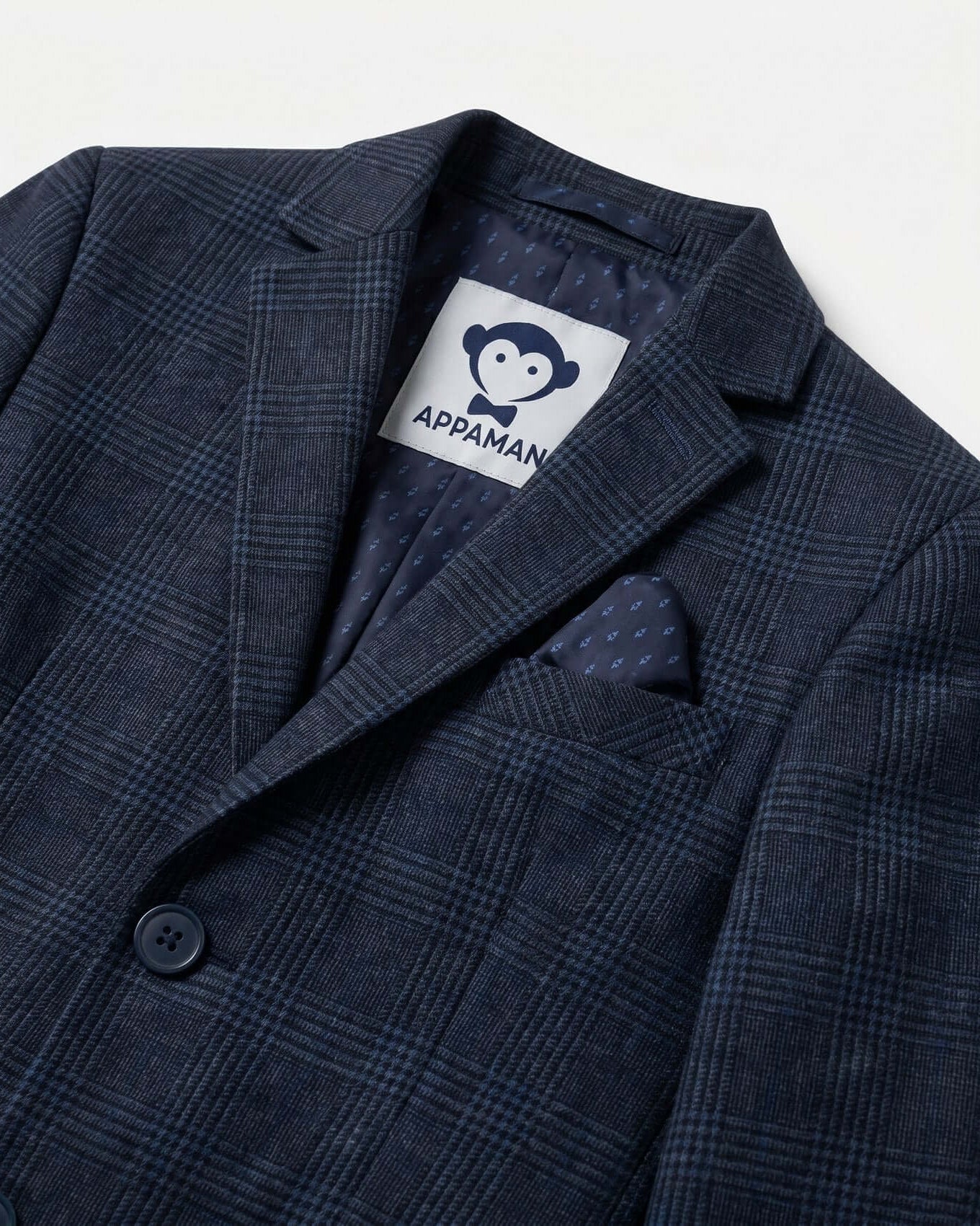 Navy checkered jacket with Appaman logo on a white background