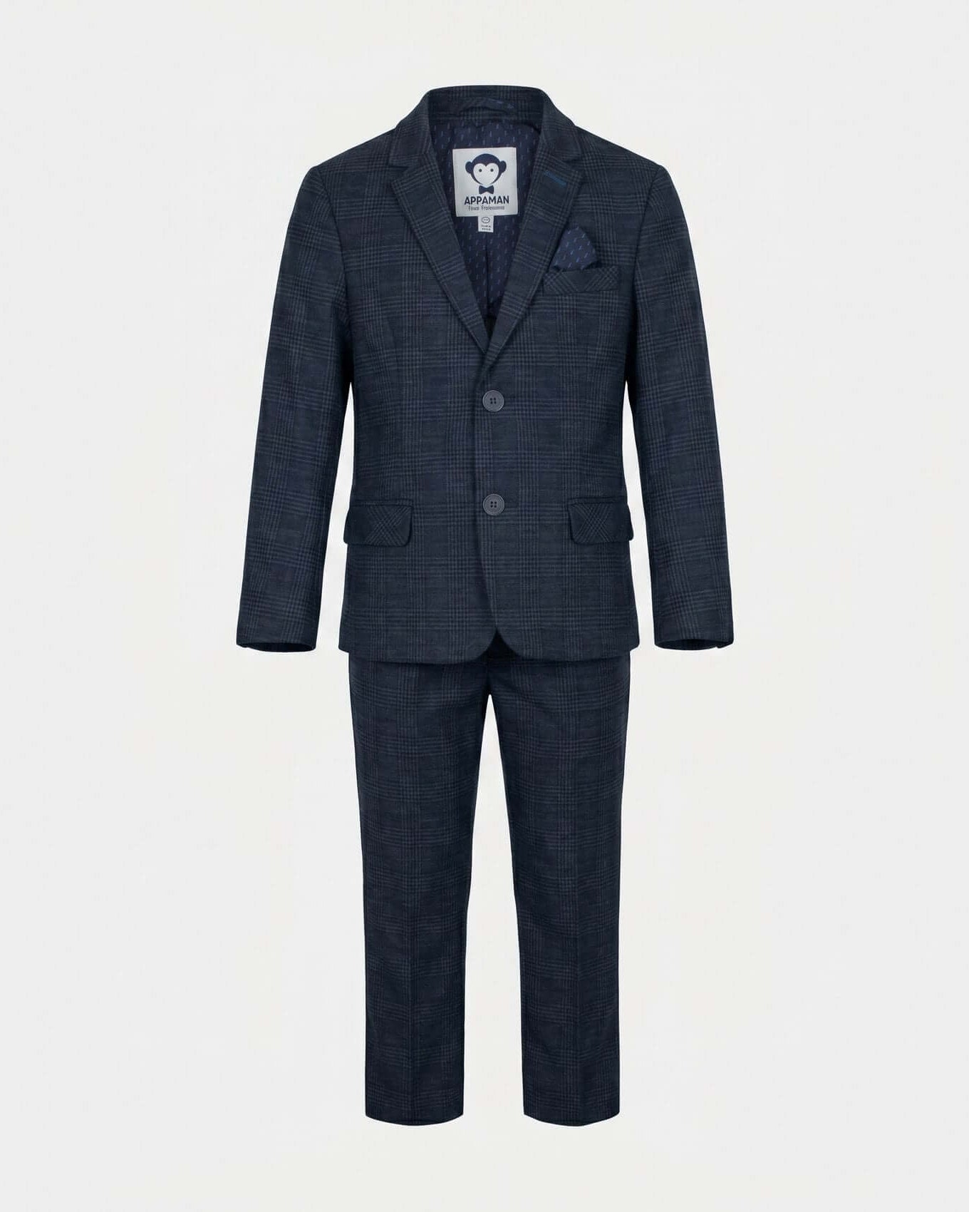Navy checkered suit with jacket and pants on a white background