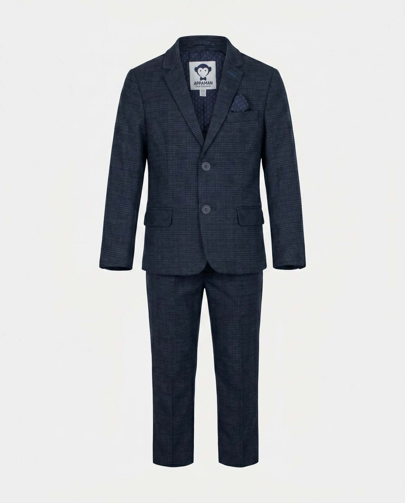 Navy checkered suit with jacket and pants on a white background
