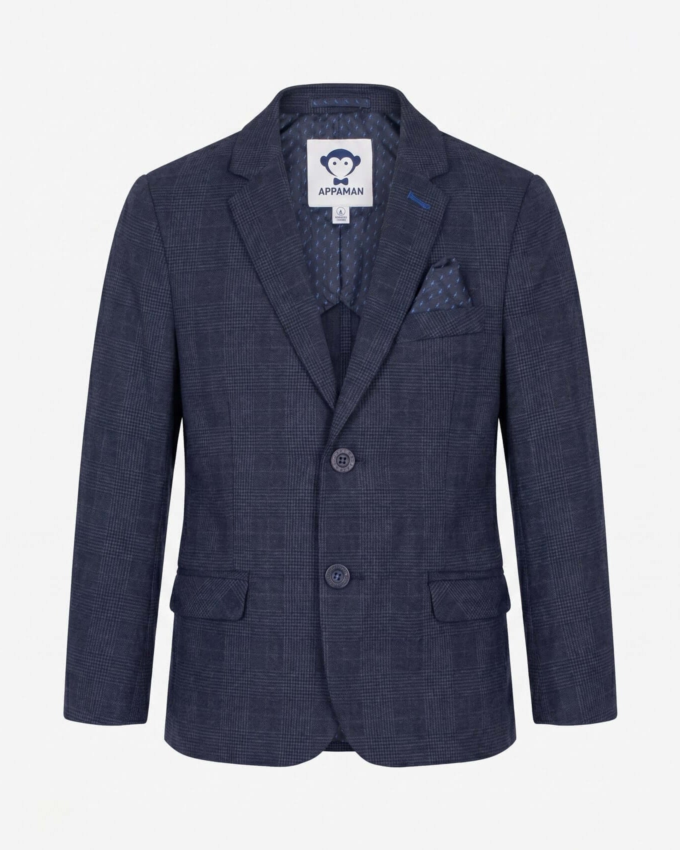 Navy blue blazer with a patterned pocket square on a white background