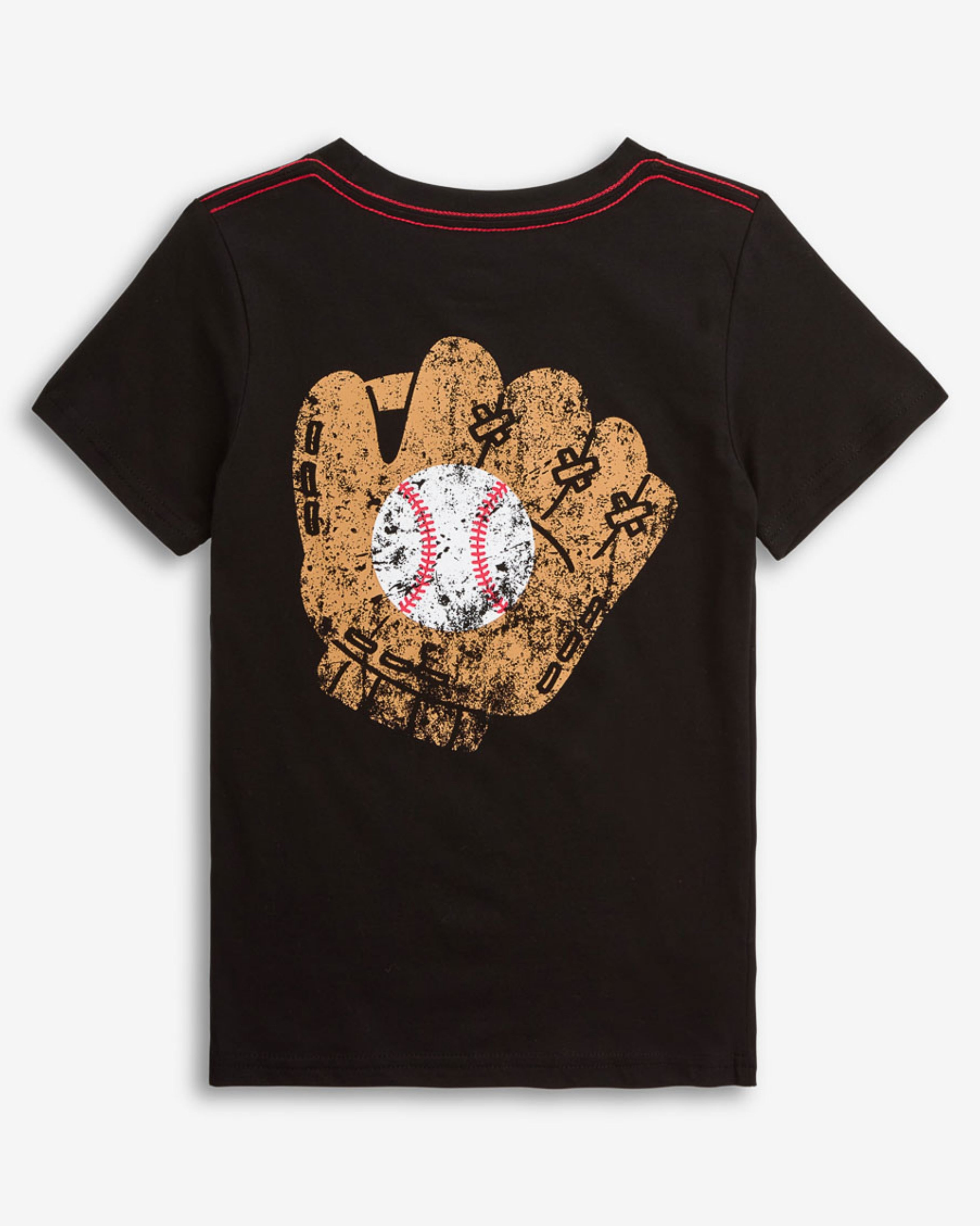 Baseball Graphic Short Sleeve Tee featuring a stylish baseball glove and ball graphic on a black short sleeve t-shirt.