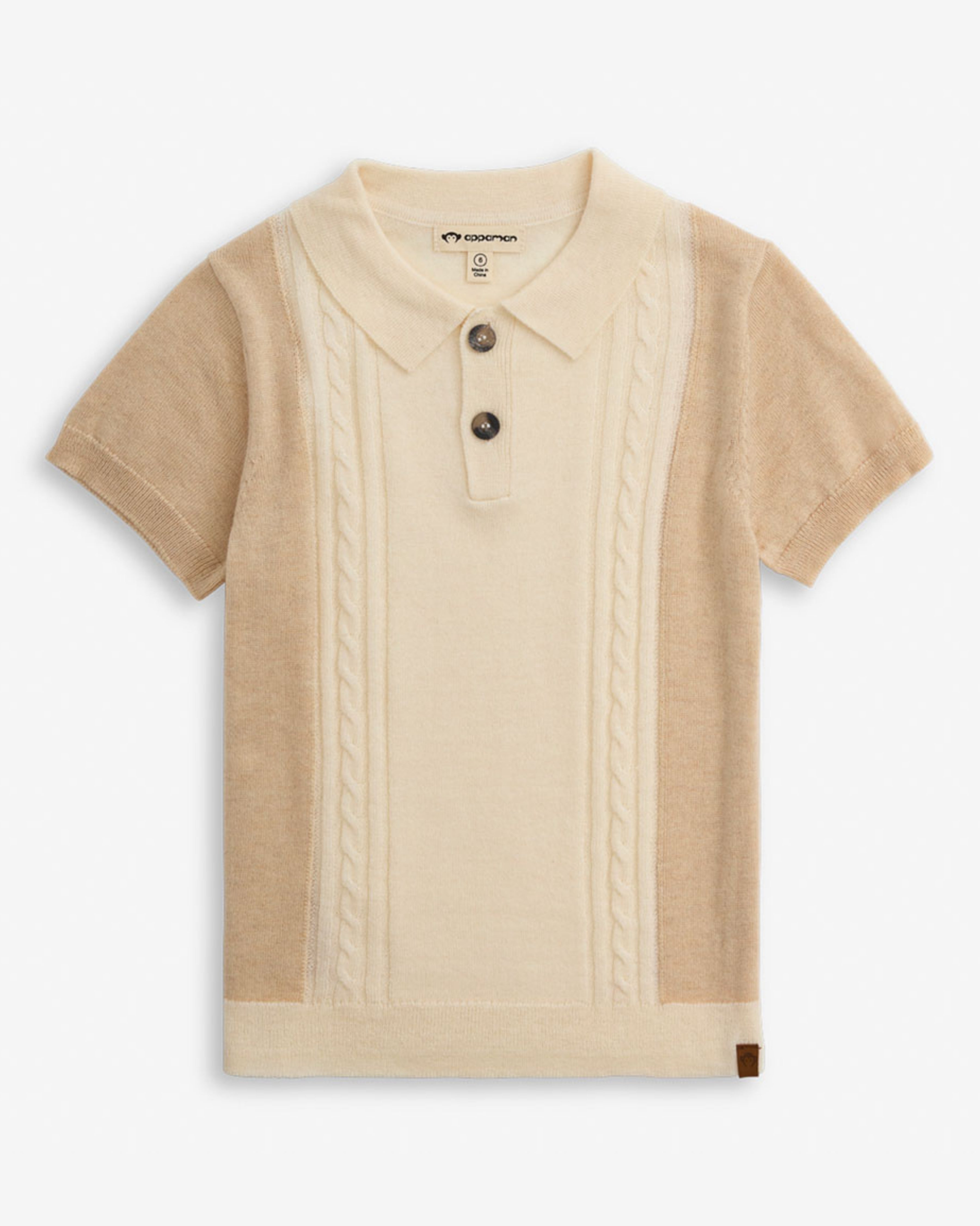Beige Sweater Knit Polo featuring a collared neckline and button details, made from a soft wool blend.