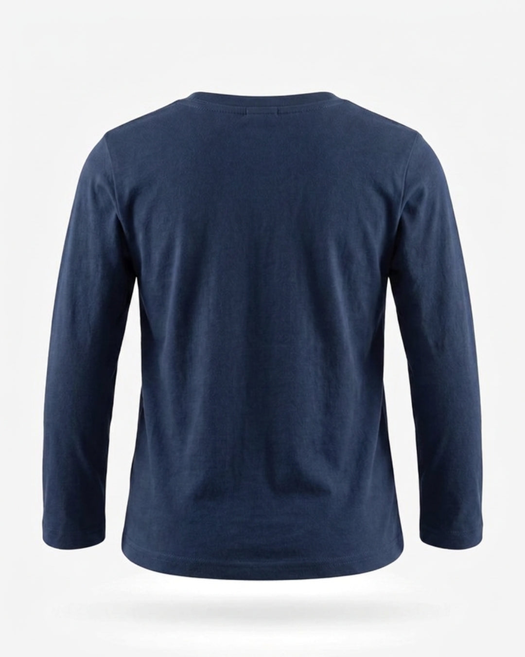 A navy blue long-sleeve crewneck shirt shown from the back, displayed on a clean white background with a subtle drop shadow.