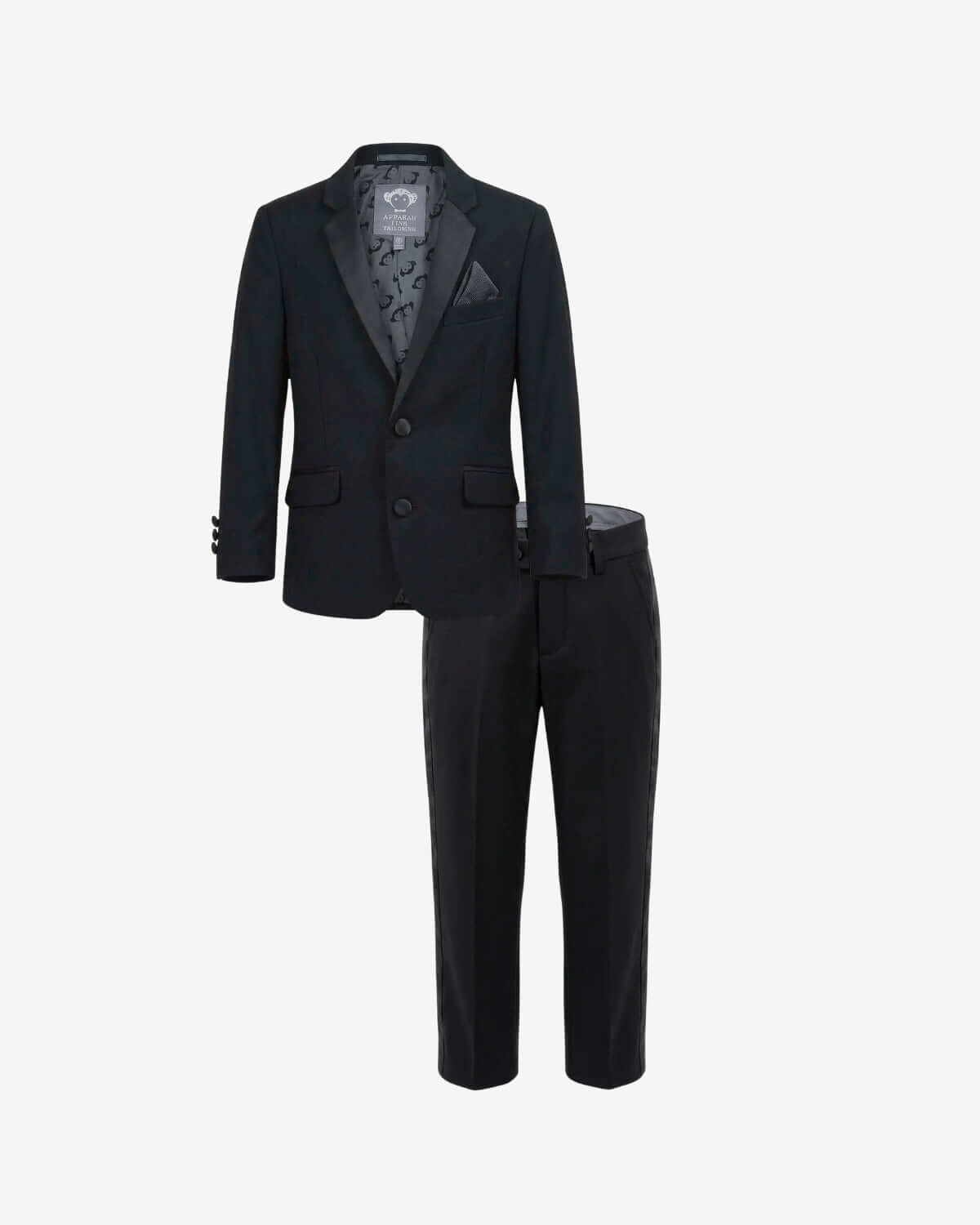 A two-piece kids' formal suit featuring a black blazer with black satin lapels and a patterned gray lining, paired with matching black trousers, shown on a light gray background.