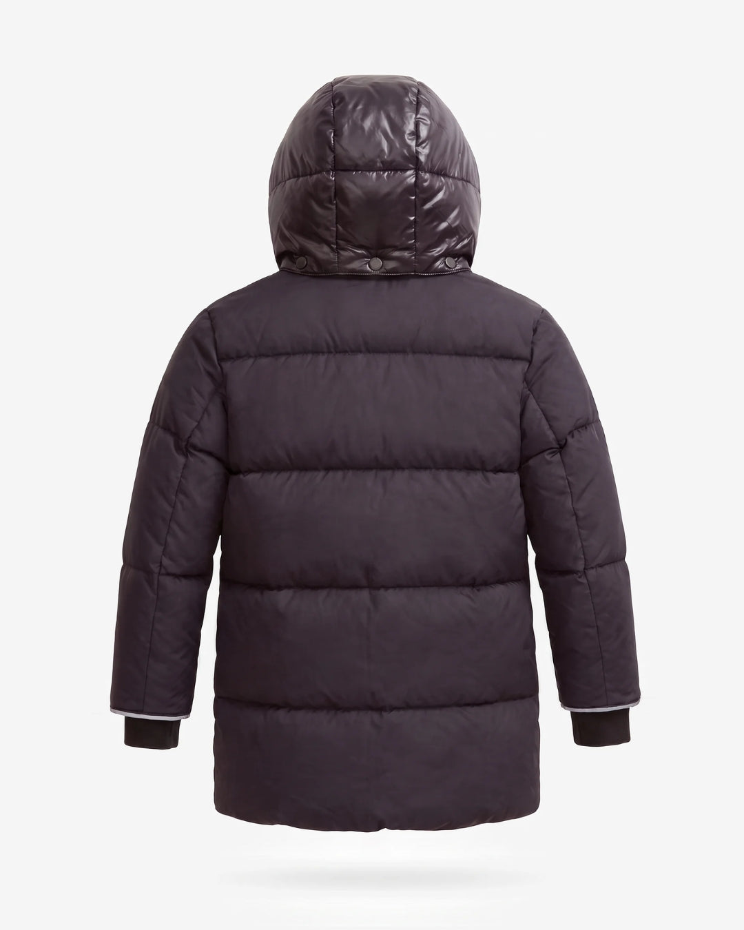 A dark brown puffer jacket with a hood, shown from the back against a light gray background.