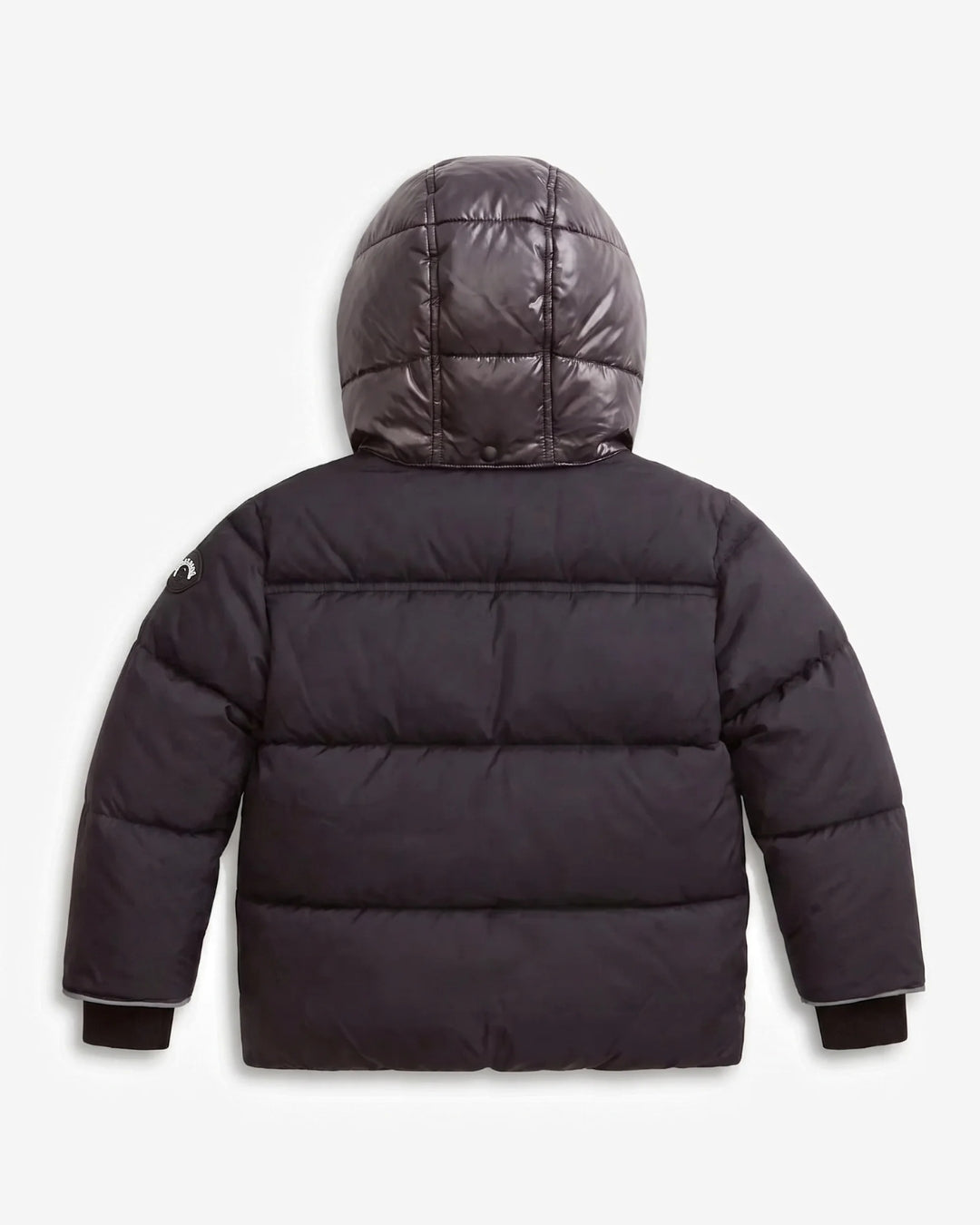 A dark gray hooded puffer jacket shown from the back, featuring horizontal quilting, a shiny finish on the hood, and ribbed cuffs, photographed against a light gray background.