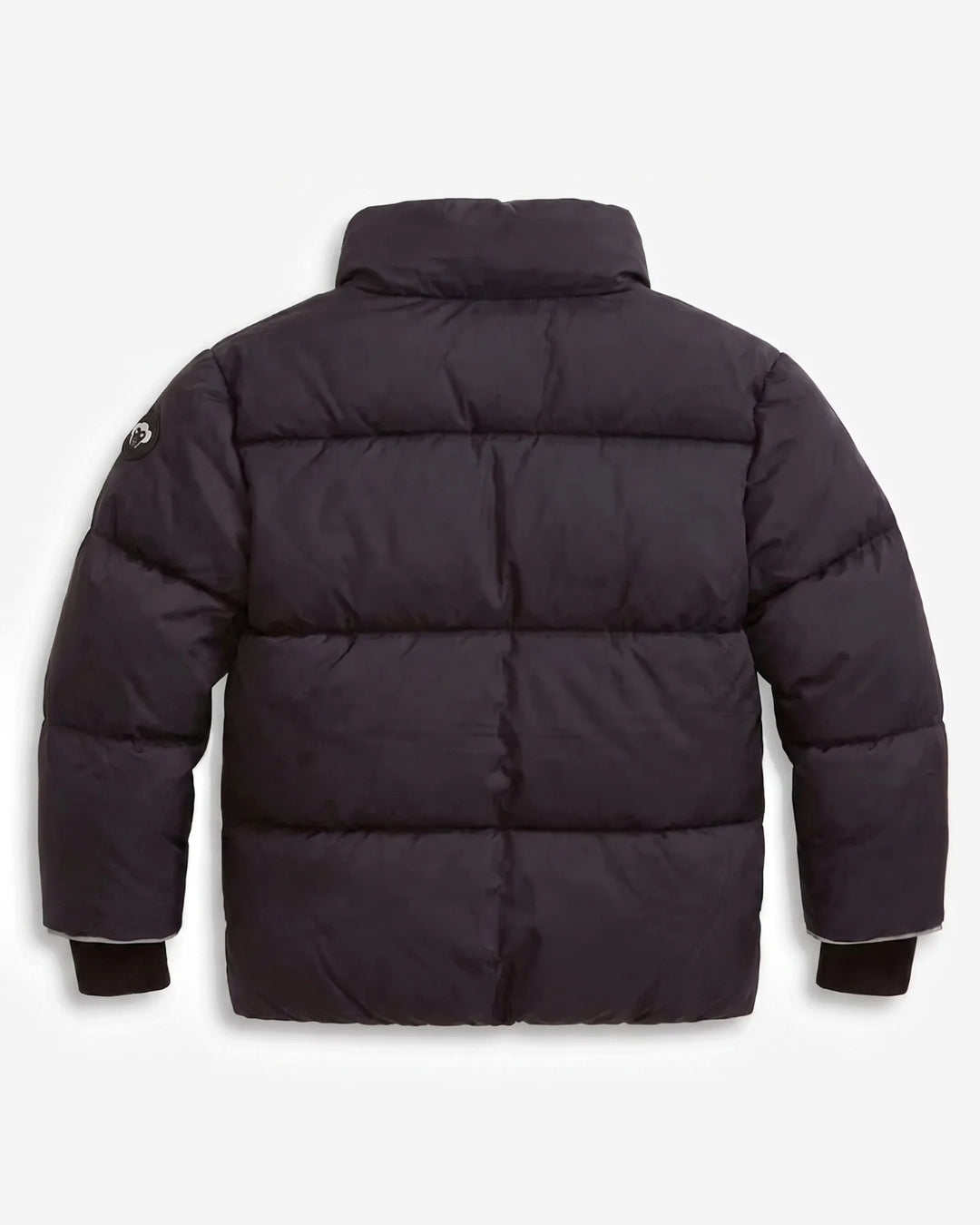 A dark navy blue puffer jacket shown from the back, featuring horizontal quilting, a high collar, and ribbed cuffs, photographed against a light gray background.