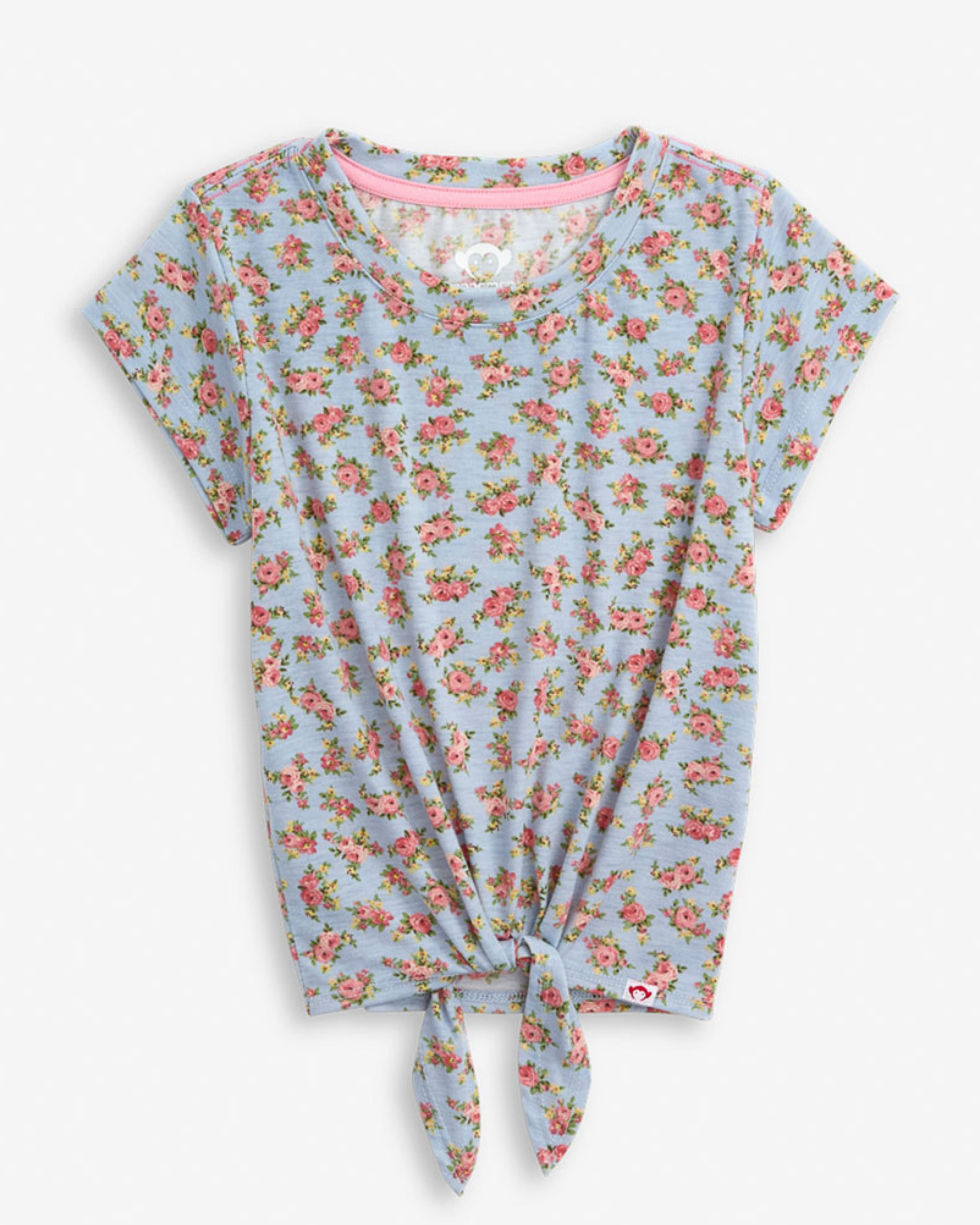 Blue Floral Allison Tie Front Tee featuring playful tie front and soft floral print on a blue background.