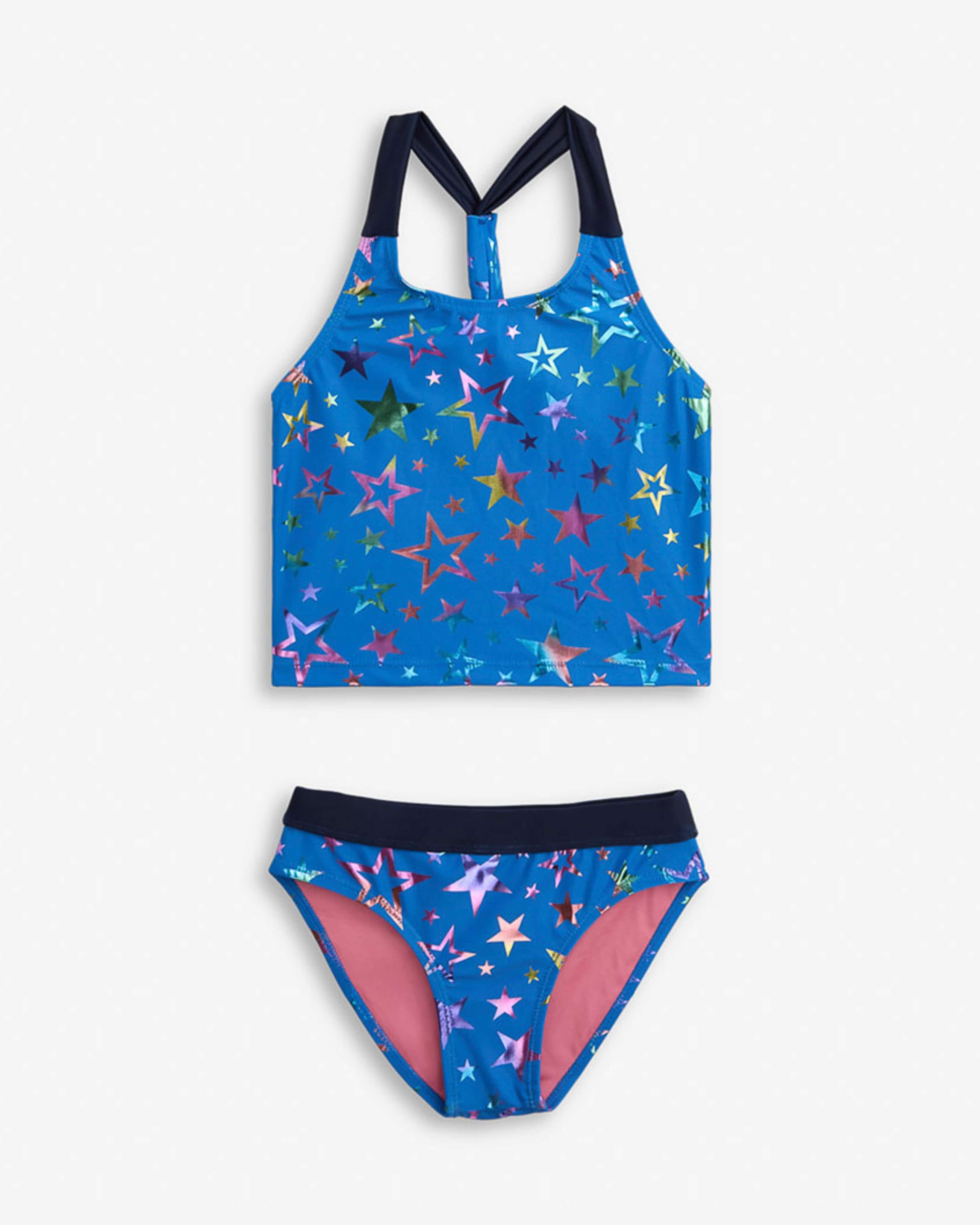 Blue Sandy Tankini Set featuring a colorful star print and comfortable fit for active swimming.