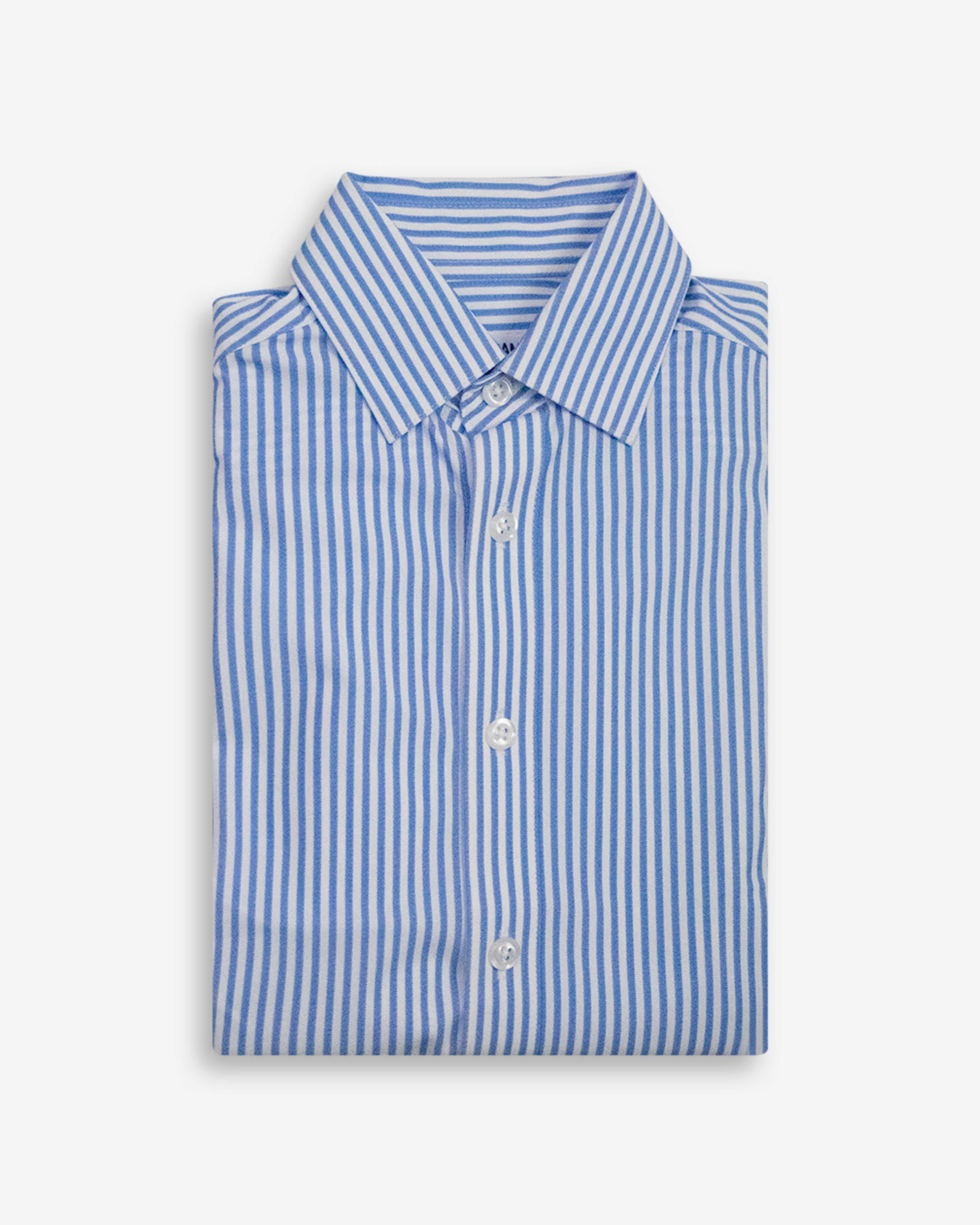 Folded blue and white striped shirt on a light gray background