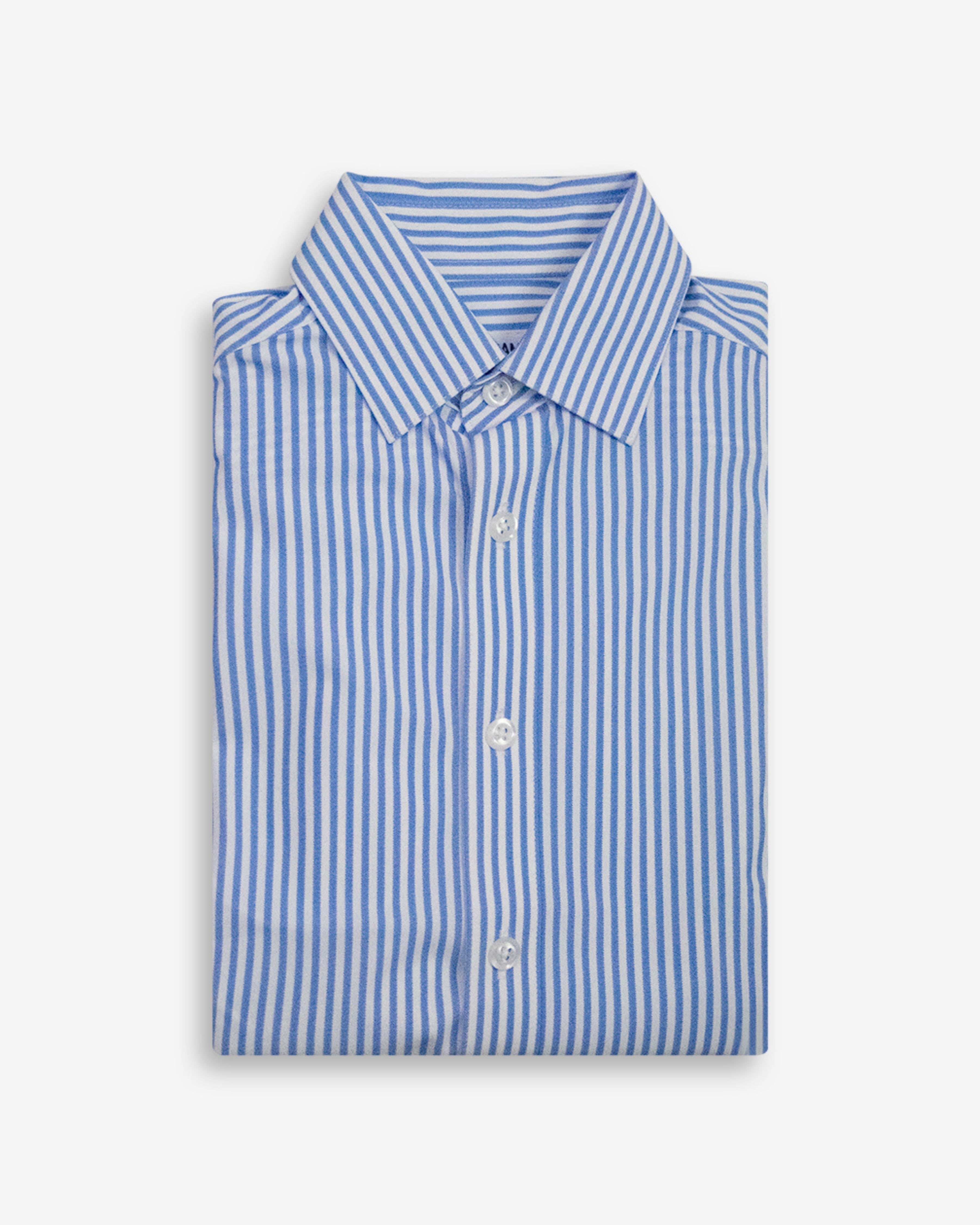 Folded blue and white striped shirt on a light gray background