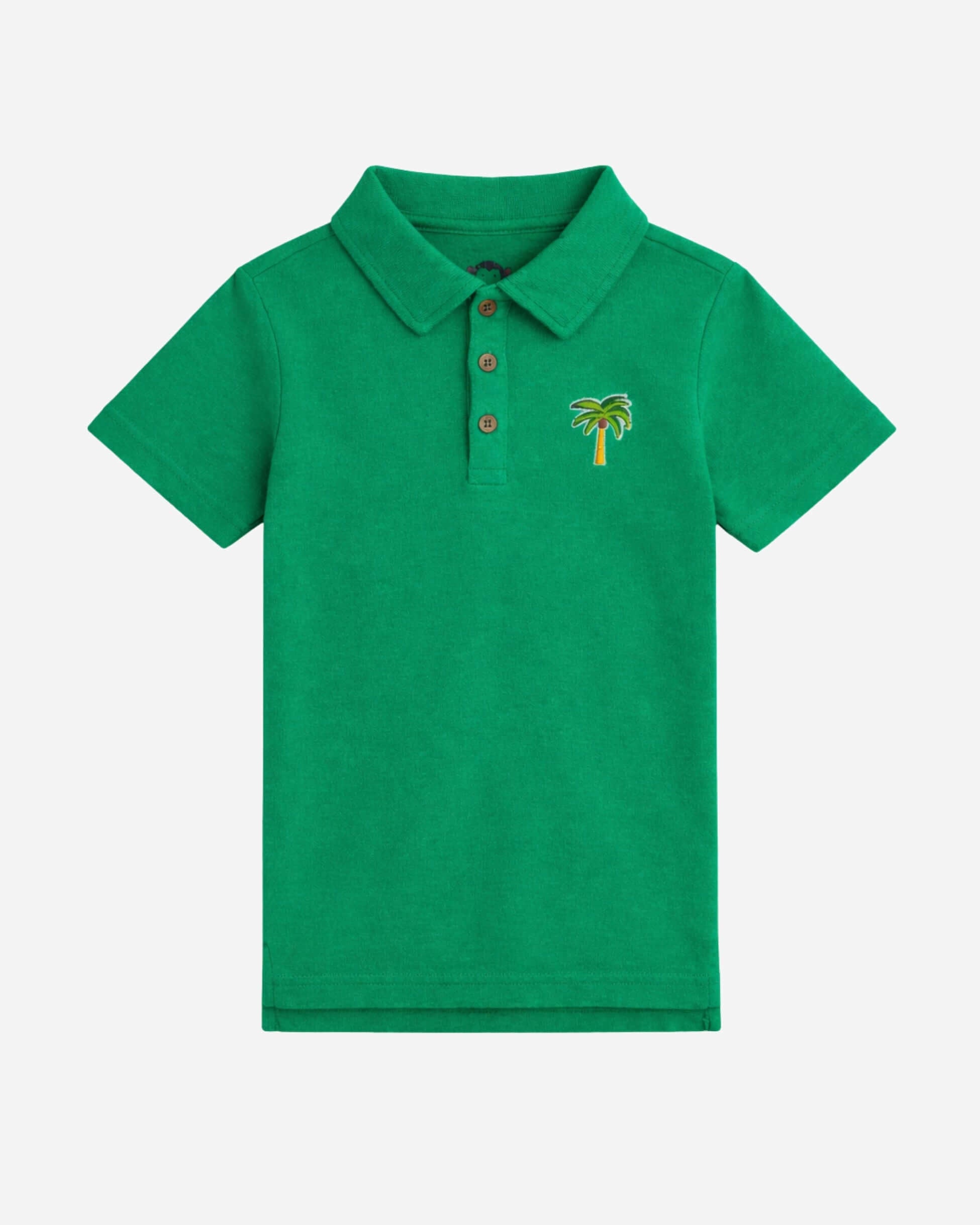 Green polo shirt with a palm tree design on a white background
