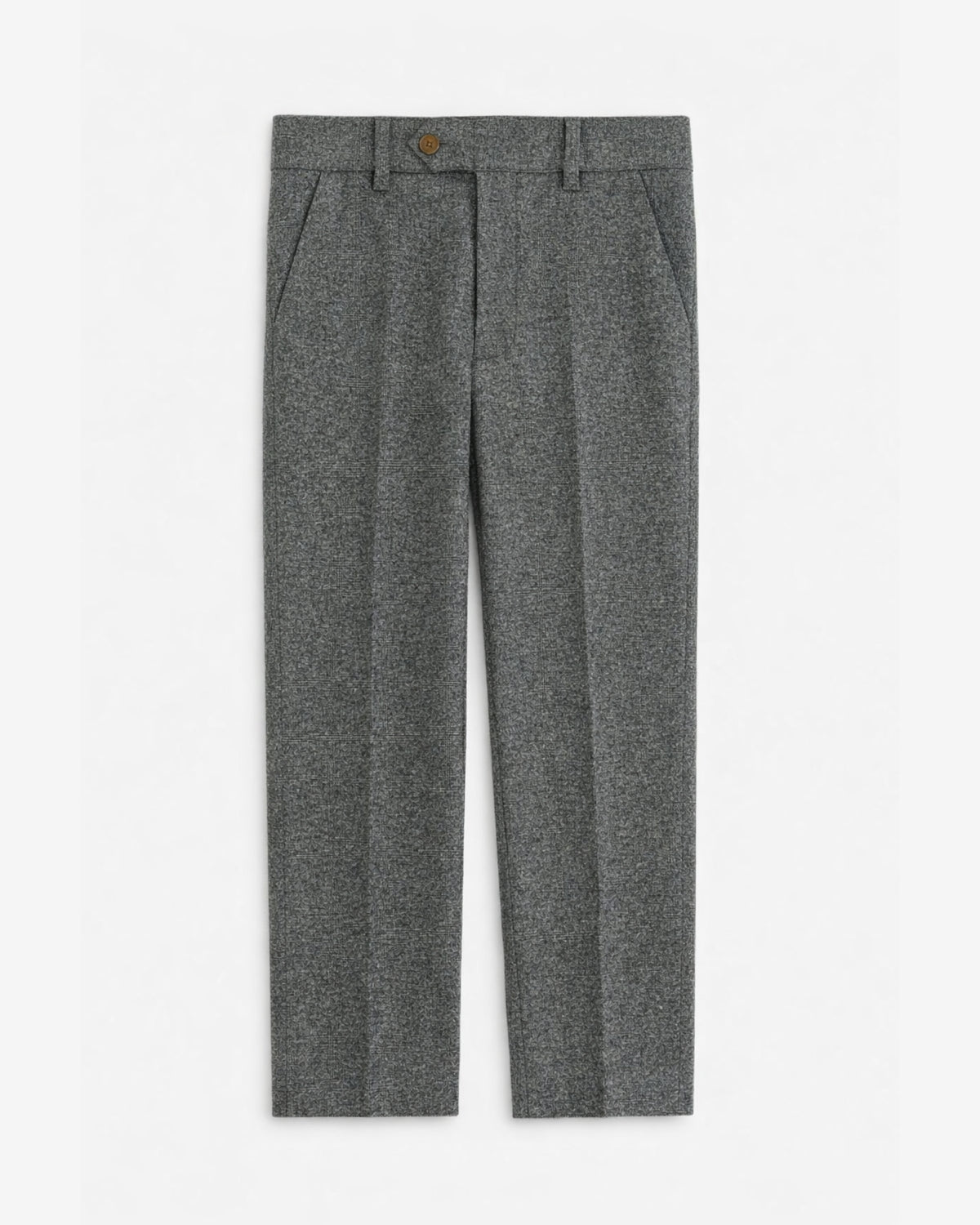 Gray pleated suit pants on a white background