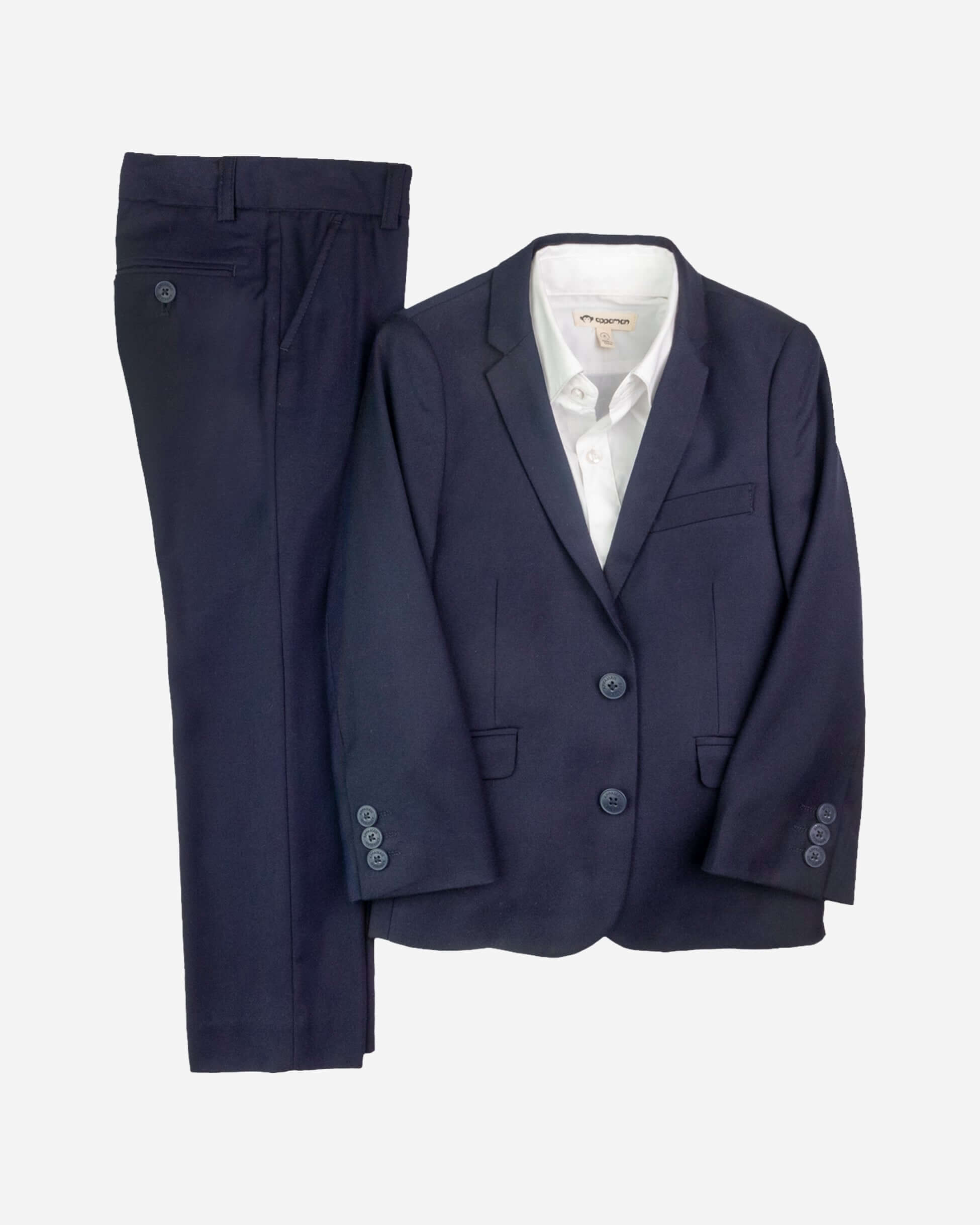 Navy blue suit with white shirt on a light gray background