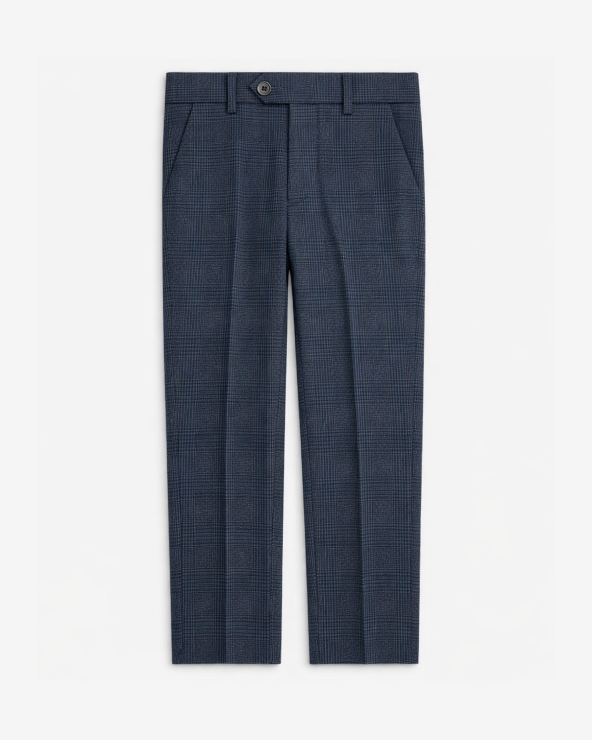 Pair of dark blue checkered dress pants on a white background stylish boys' dress pants with pockets and an adjustable waistband.