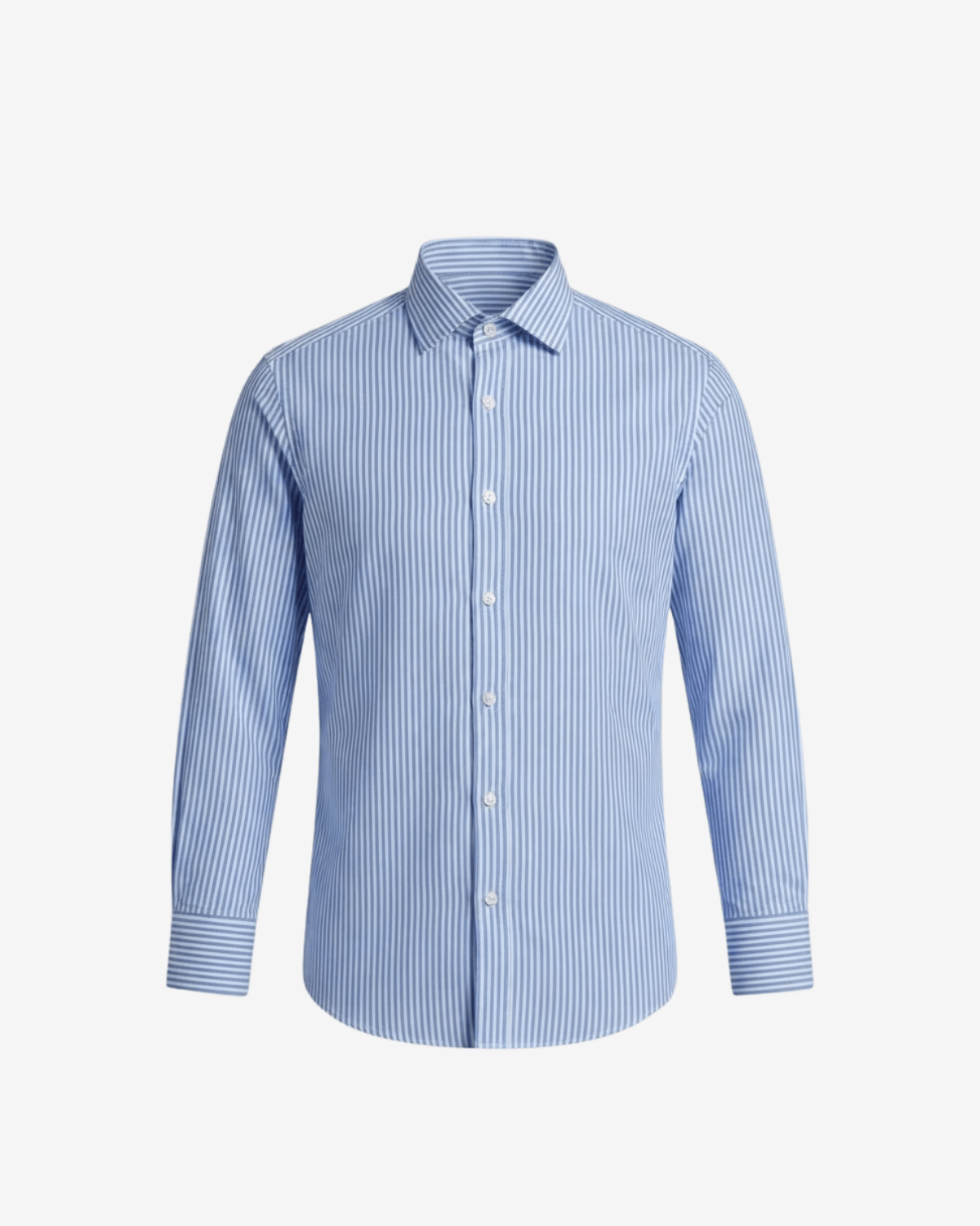 A light blue and white vertically striped long-sleeve button-down shirt, displayed on a clean white background.