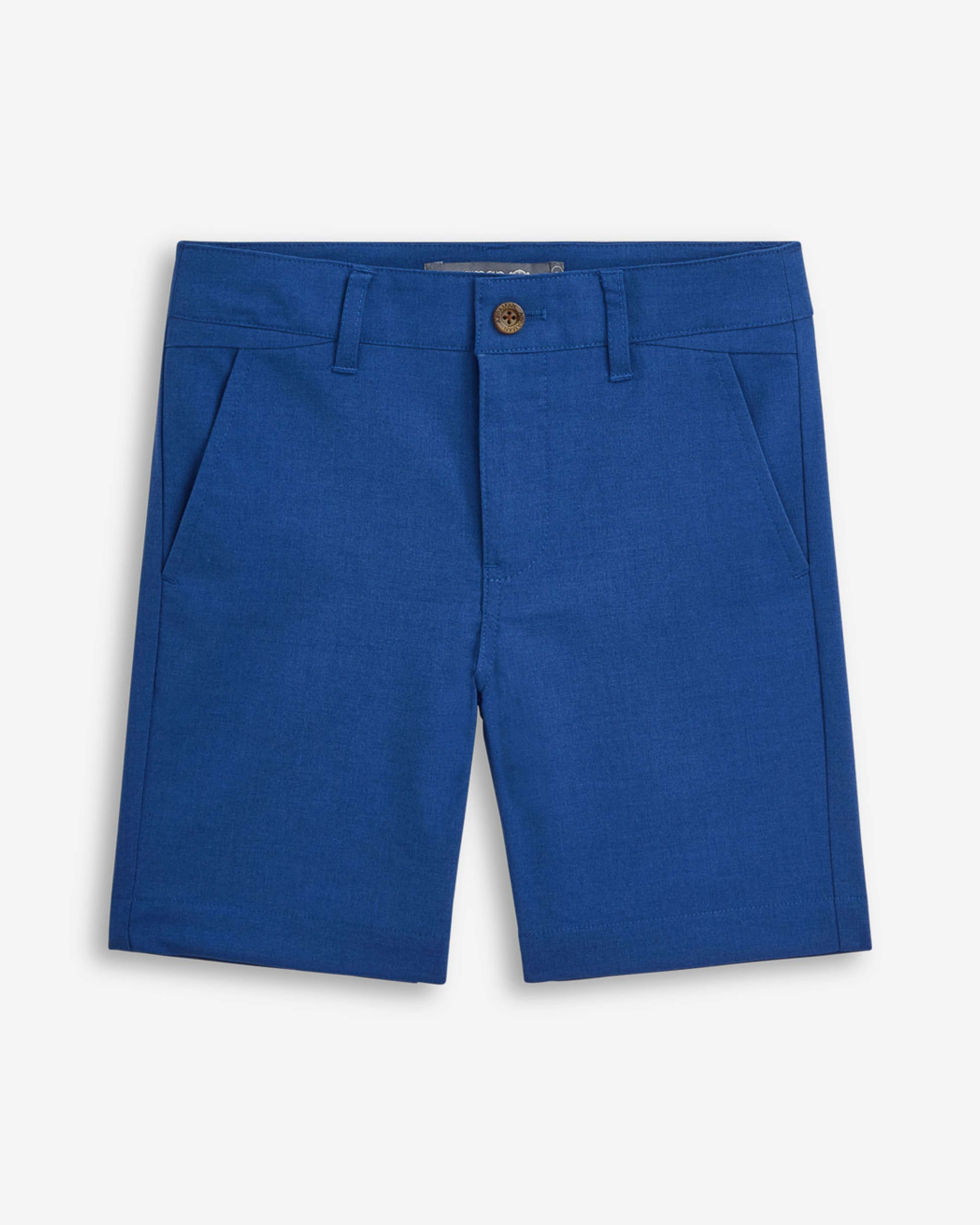 Linen Canopy Blue Suit Set featuring stylish blue shorts with pockets and button closure.