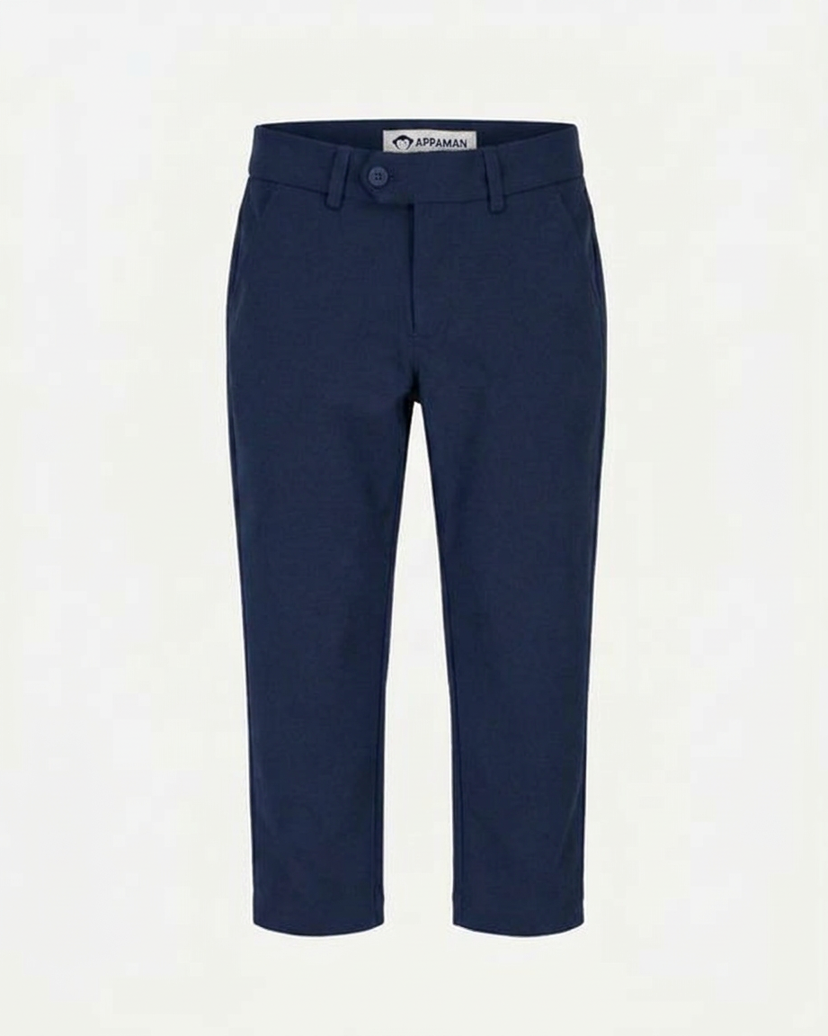Navy blue pants with a brand label on a white background
