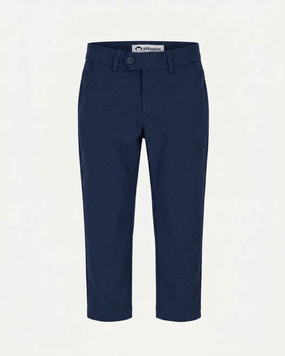 Navy blue pants with a brand label on a white background