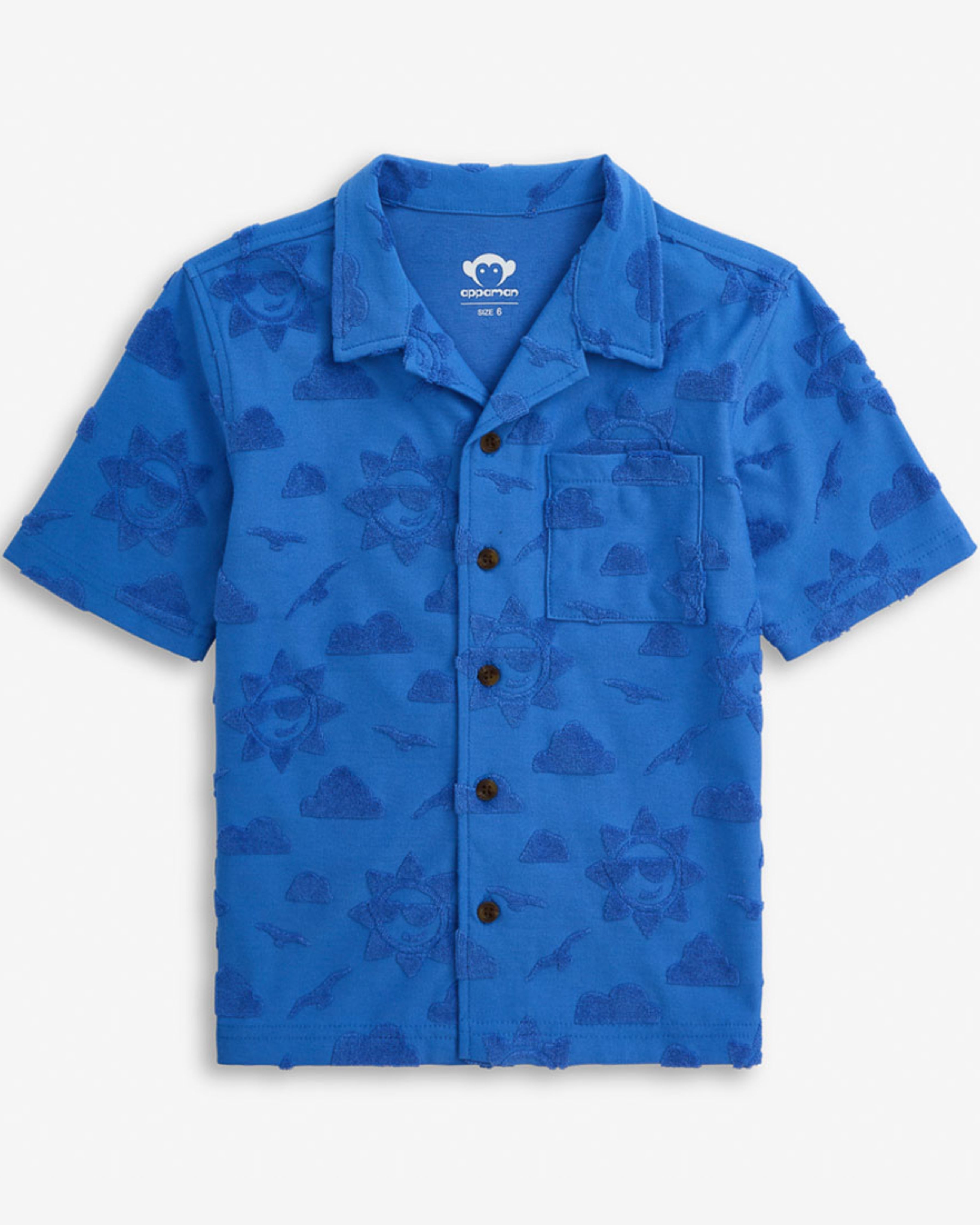 Cobalt Blue Terry Resort Shirt featuring short sleeves, collared neck, and sun and clouds pattern.