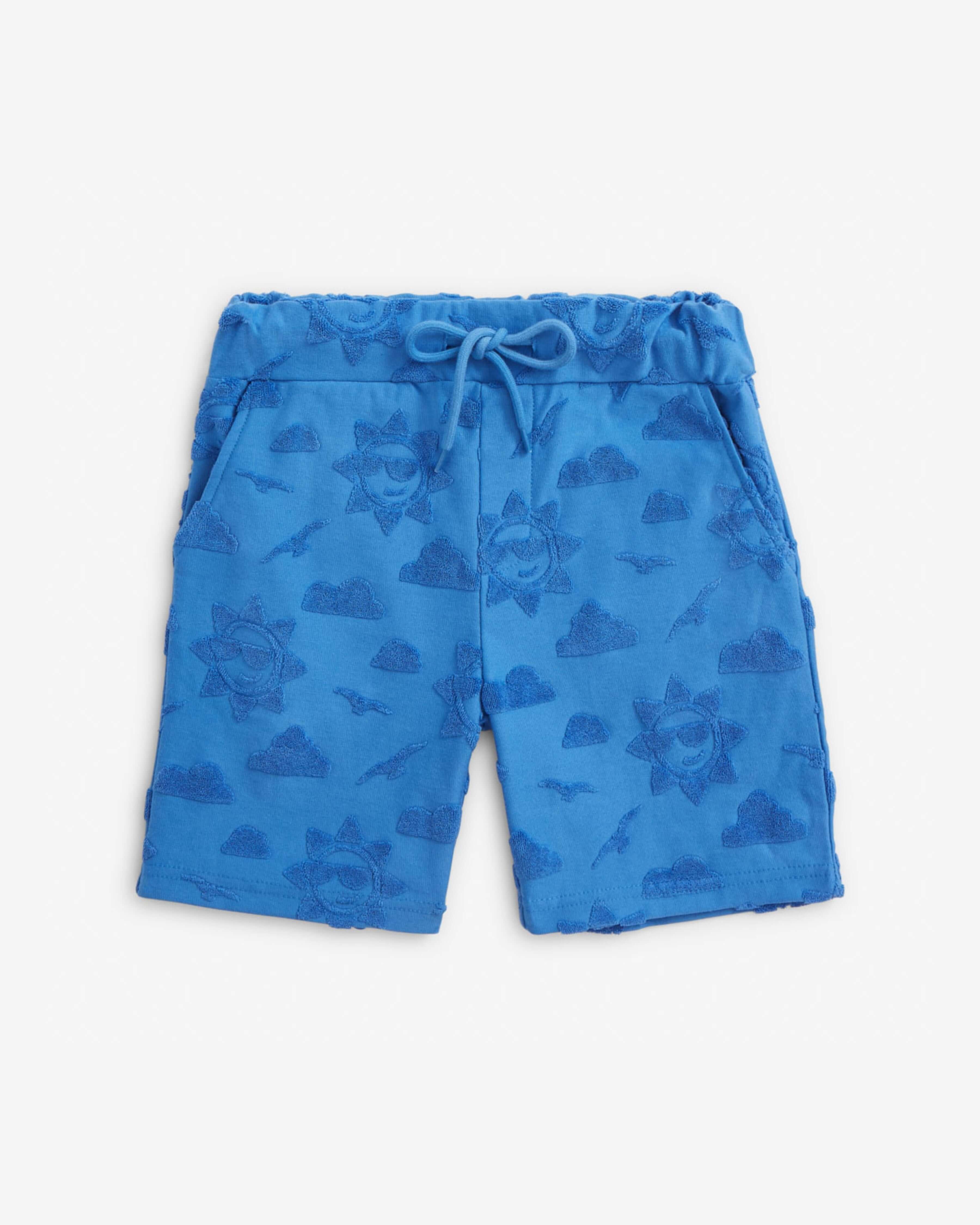 Cobalt Blue Terry Resort Short featuring sun and clouds print, functional drawstring, and front and back pockets.