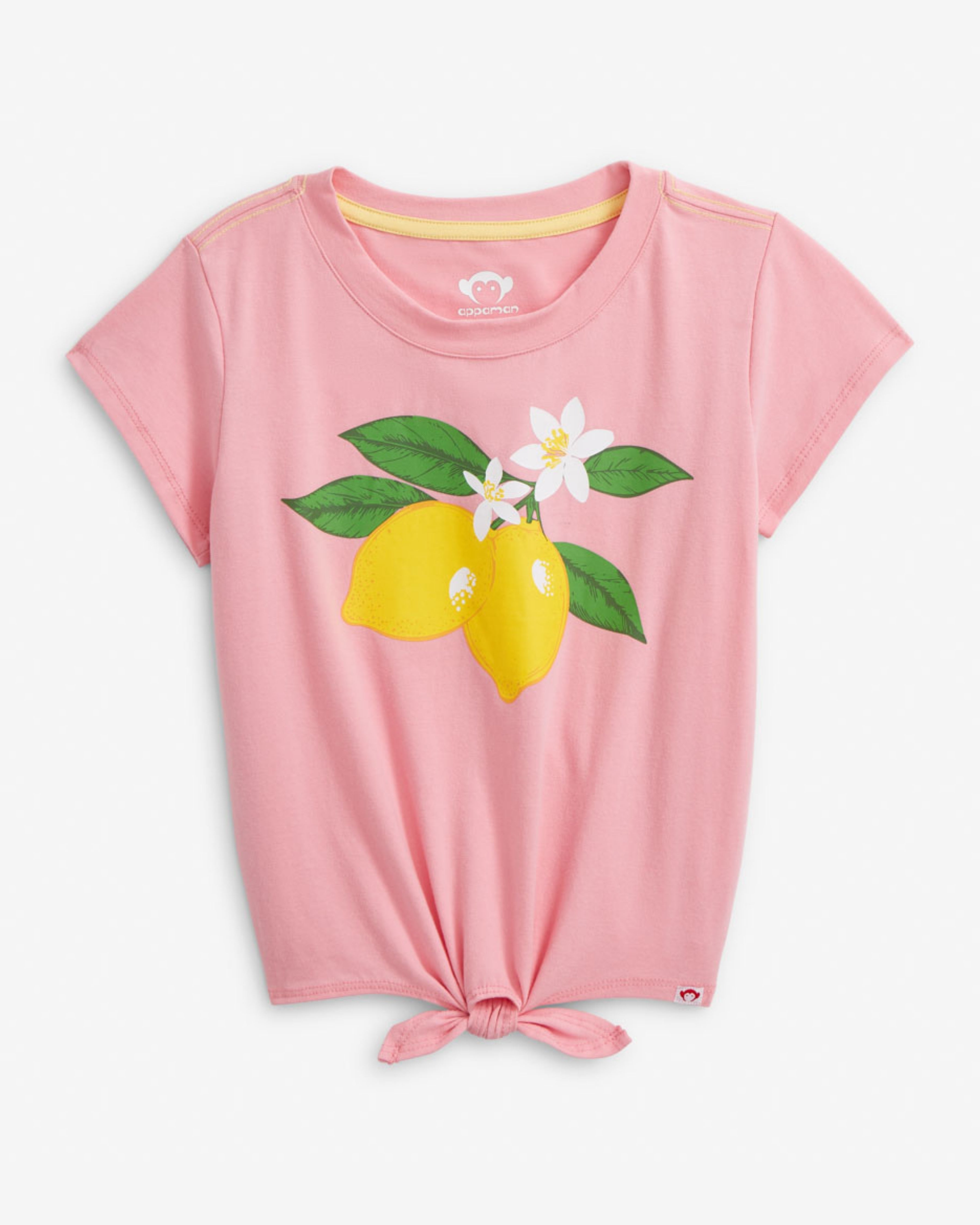 Coral Pink Allison Tie Front Tee featuring lemon graphics and a fun tie front detail for playful summer style.
