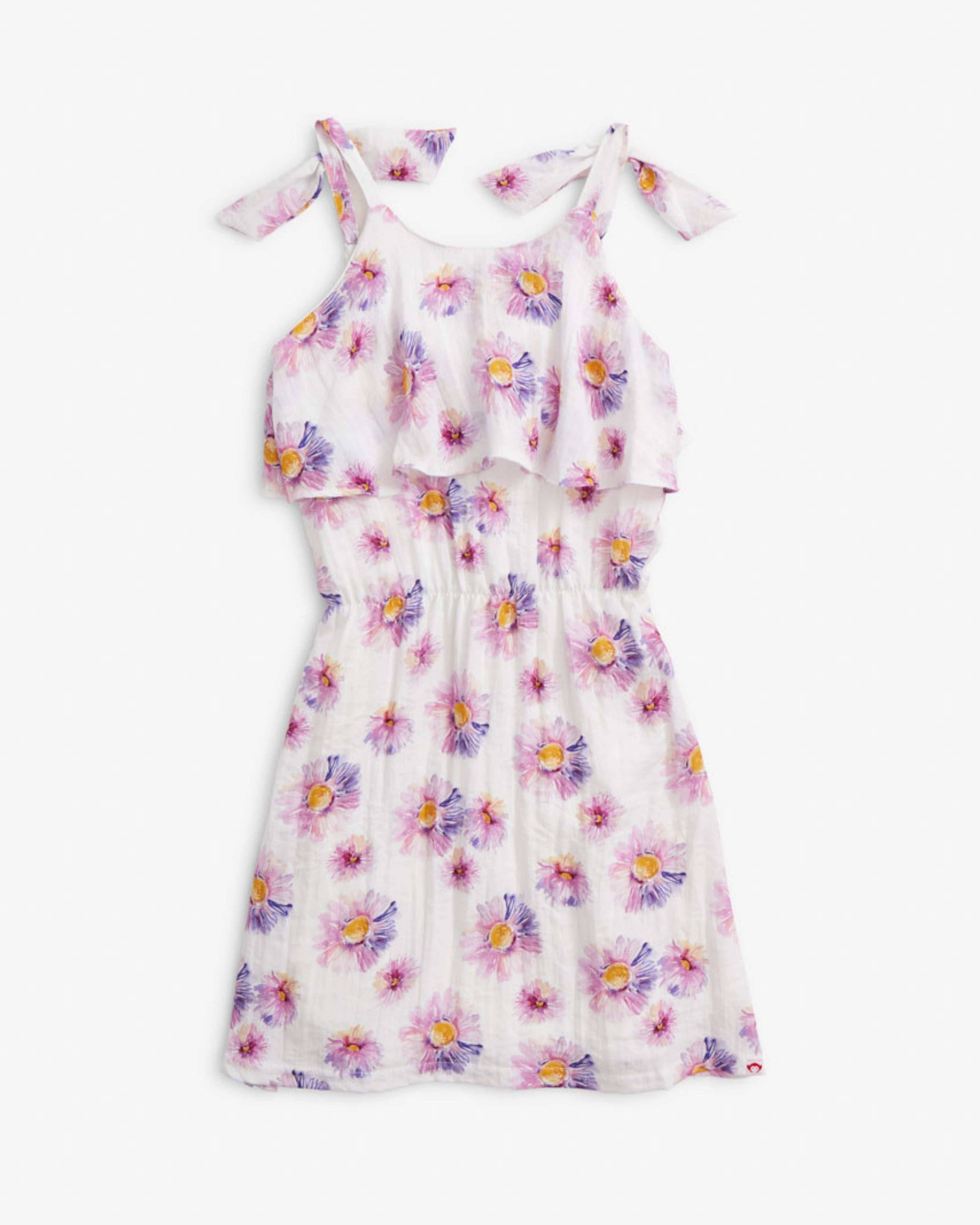 Daisies Leah Layered Dress featuring colorful floral print and adjustable tie straps for girls.