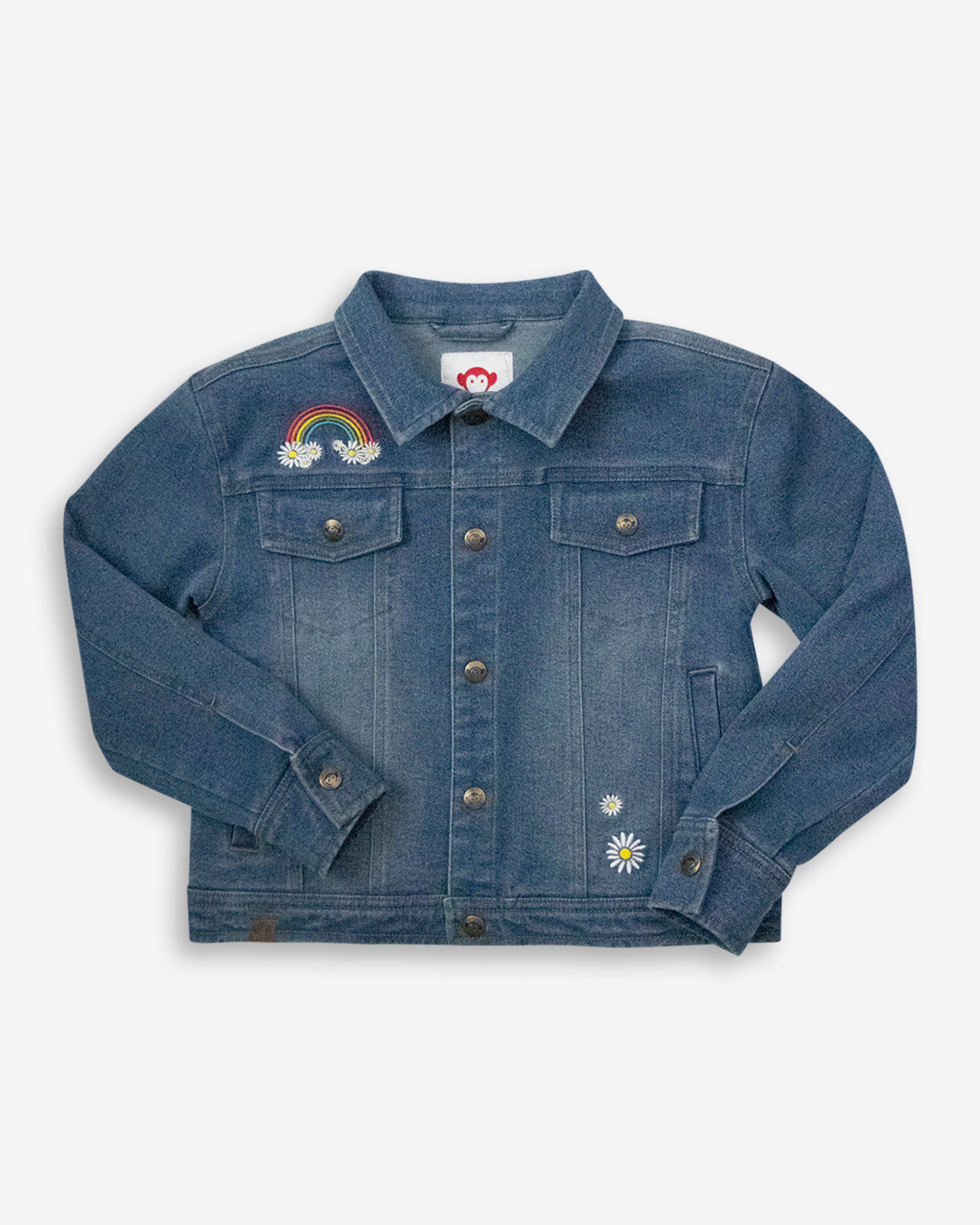 Divine Wash Nora Denim Jacket with rainbow patch and daisy detail, perfect for spring outfits and everyday adventures.