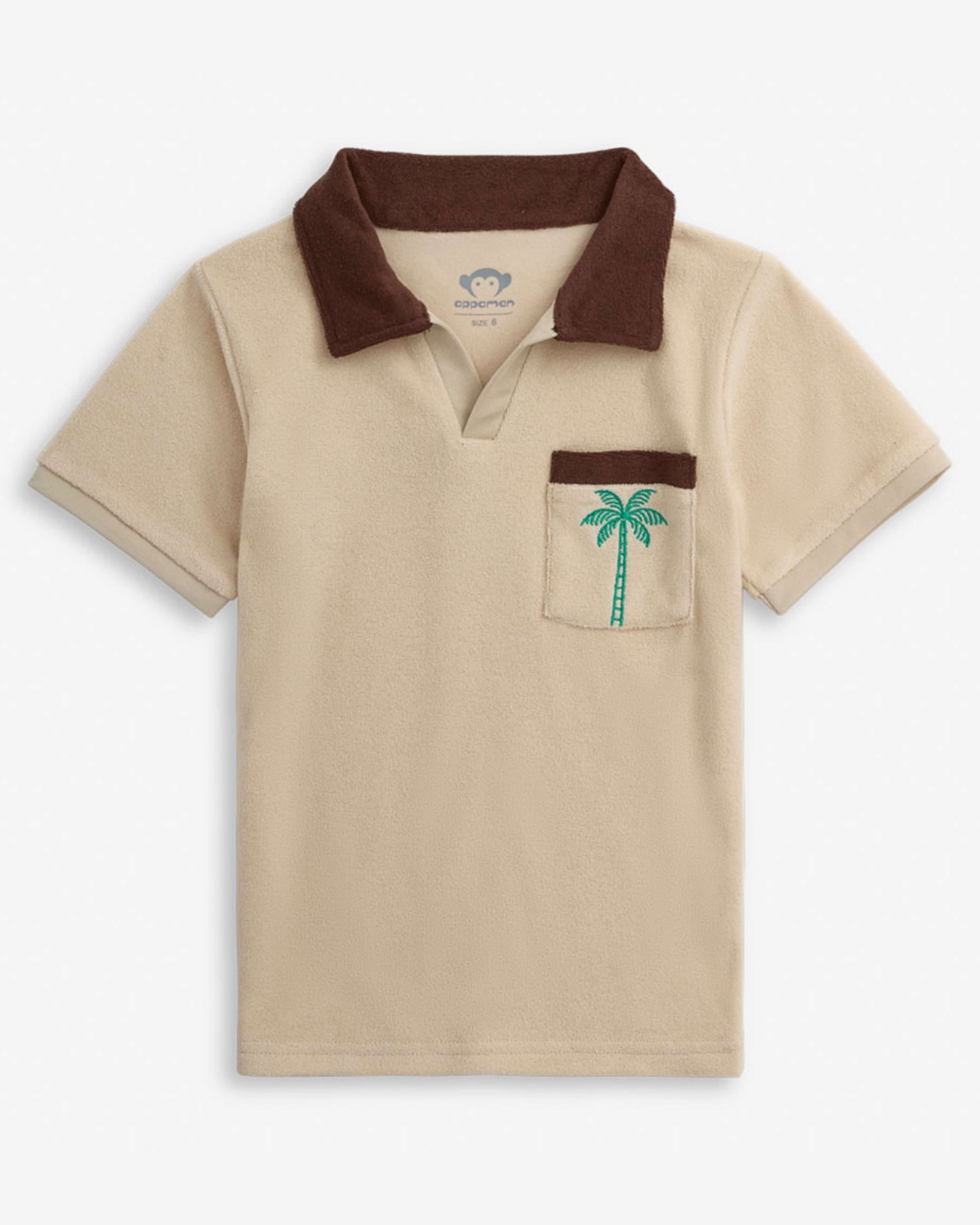 Beige Mocha Terry Resort Set featuring a khaki polo with brown collar and embroidered palm tree, perfect for kids.